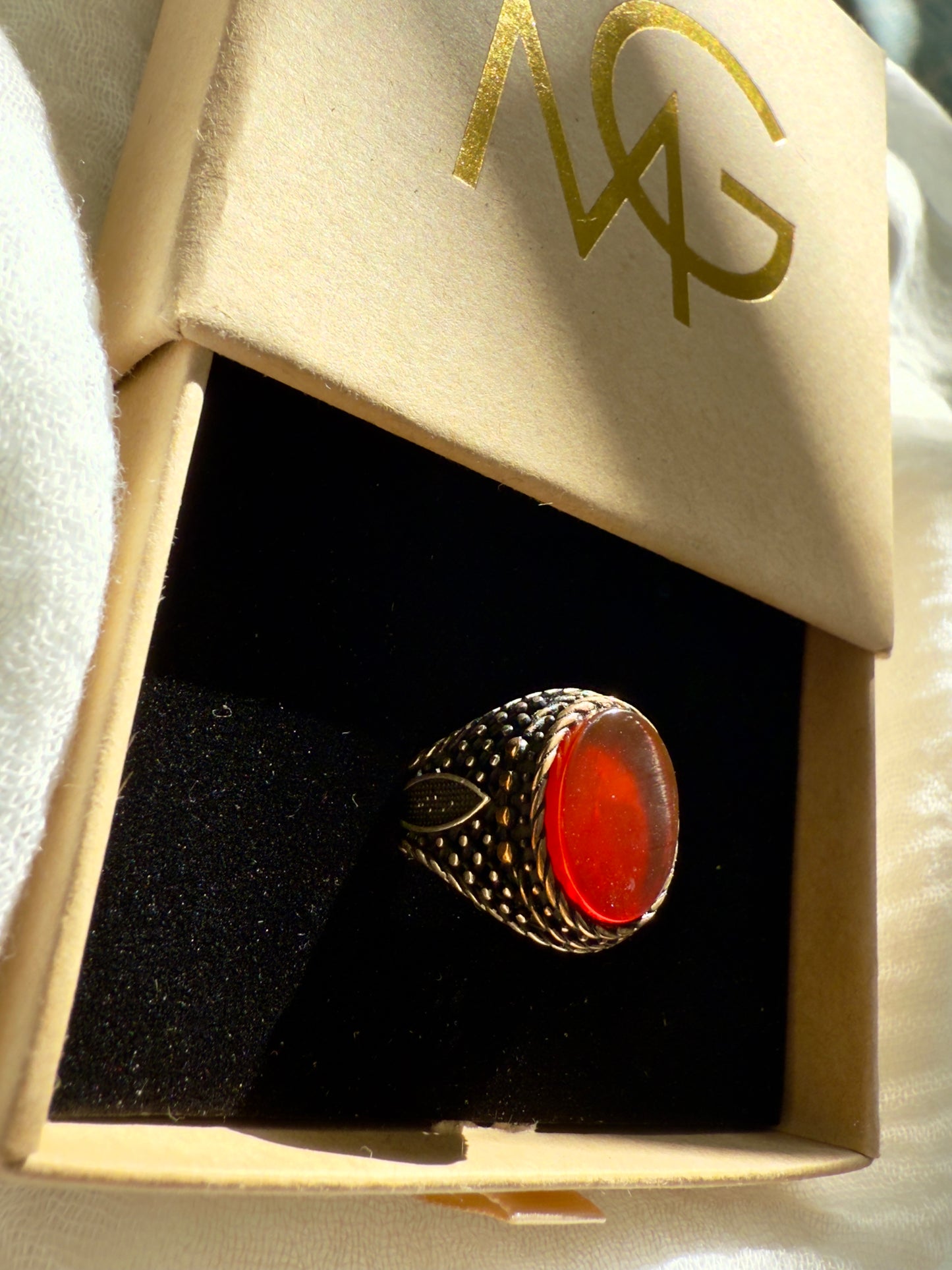 Men's Design of Red Agate Ring Stirling Silver