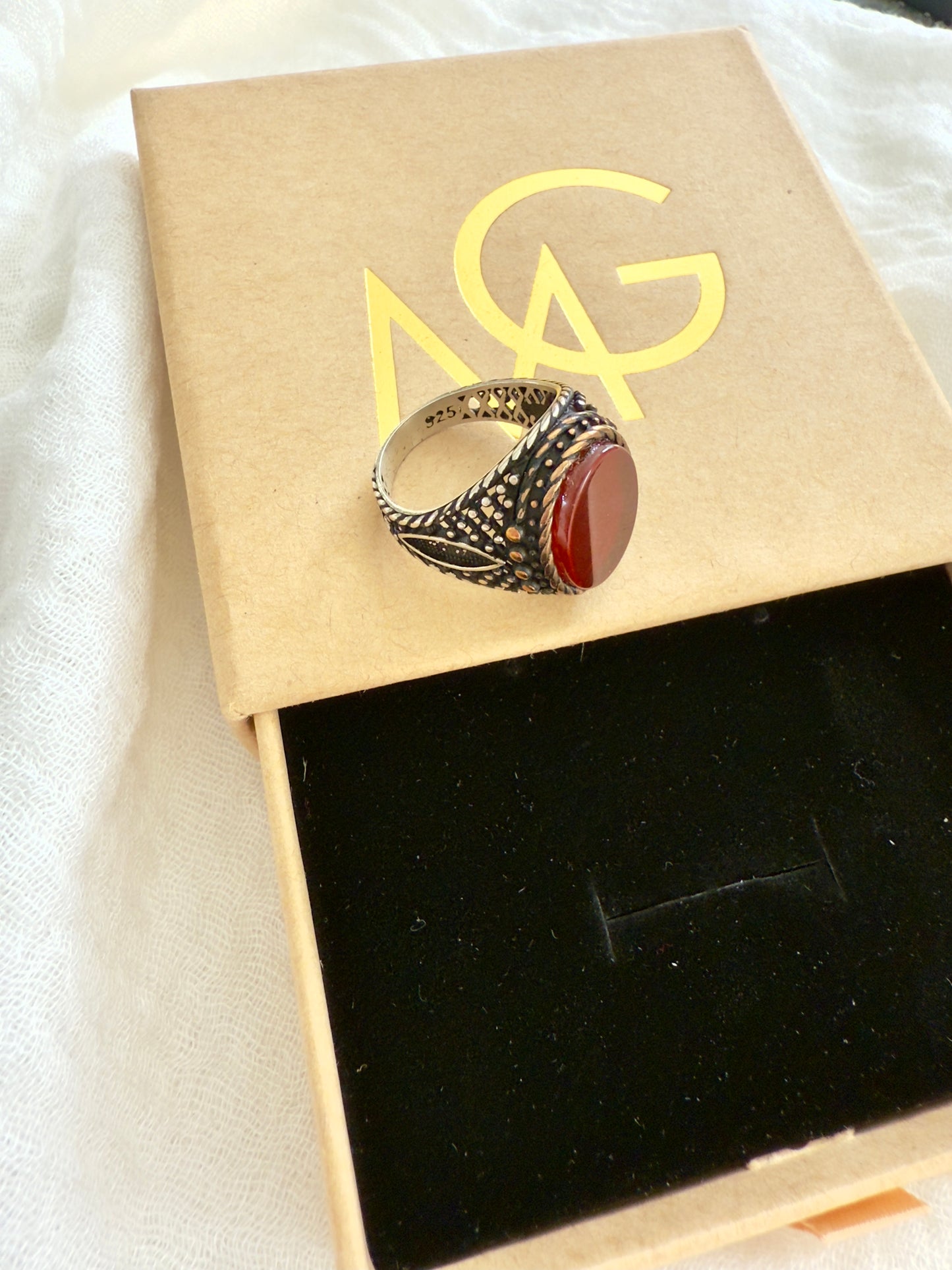 Men's Design of Red Agate Ring Stirling Silver