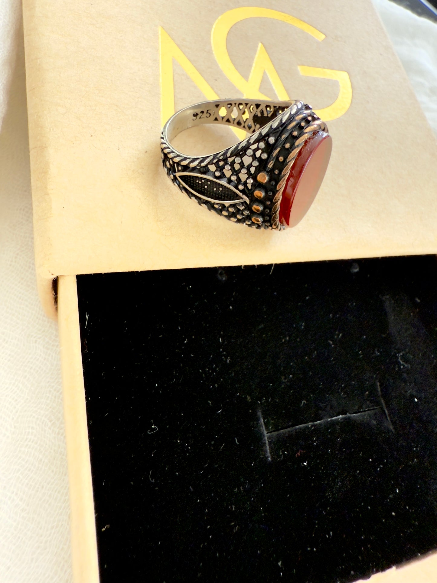 Men's Design of Red Agate Ring Stirling Silver