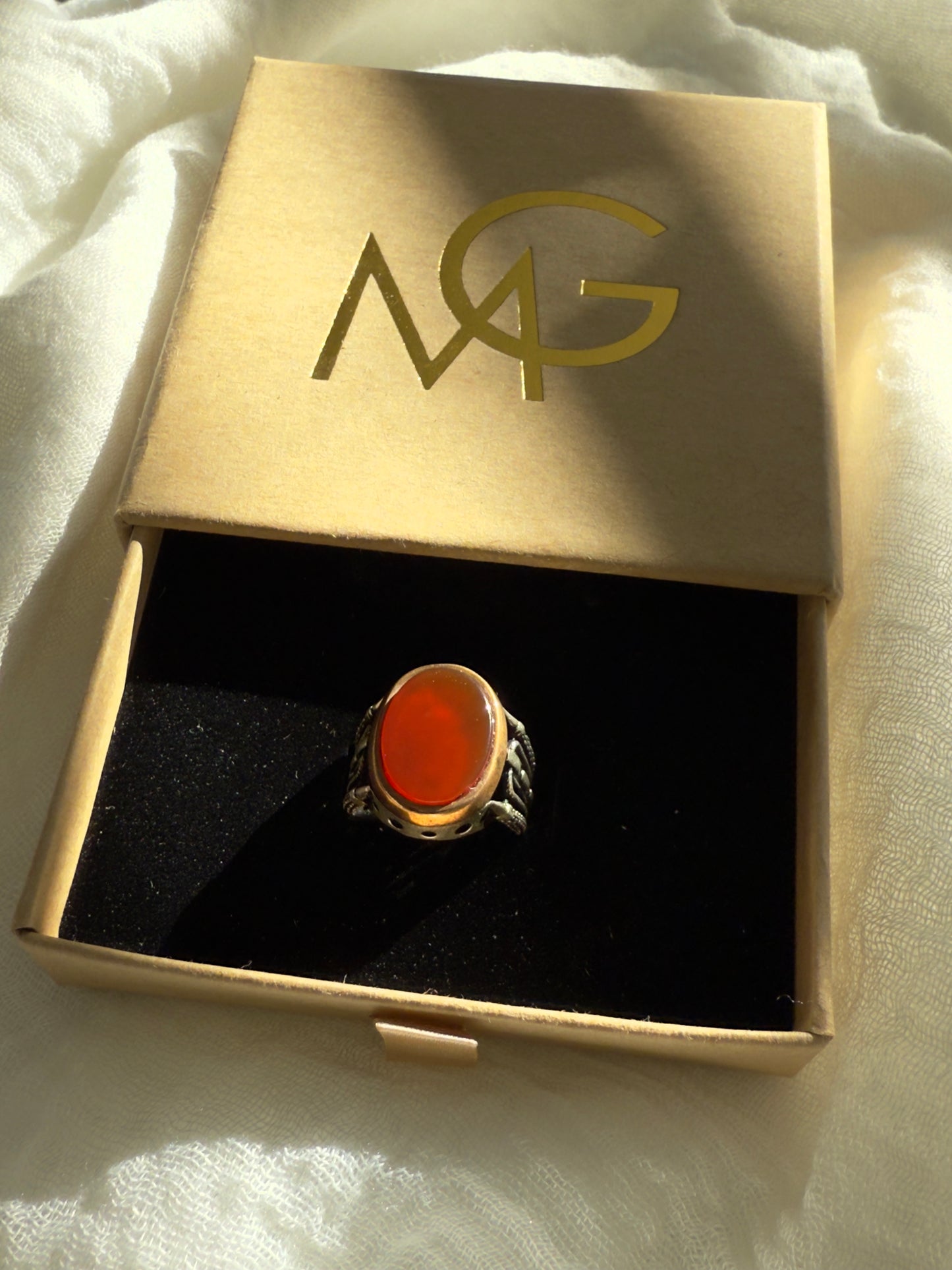 Men's Design Red Agate Ring W/ Stirling Silver