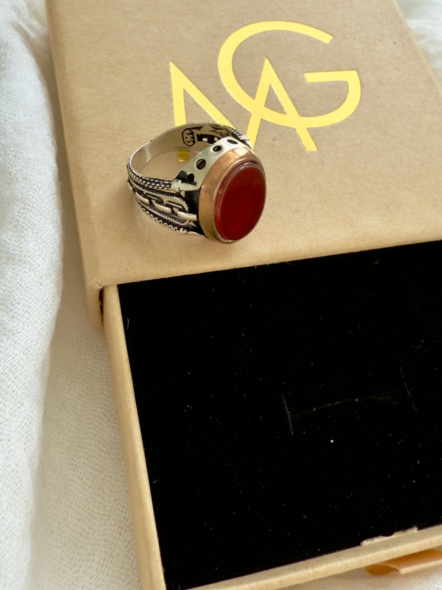 Men's Design Red Agate Ring W/ Stirling Silver