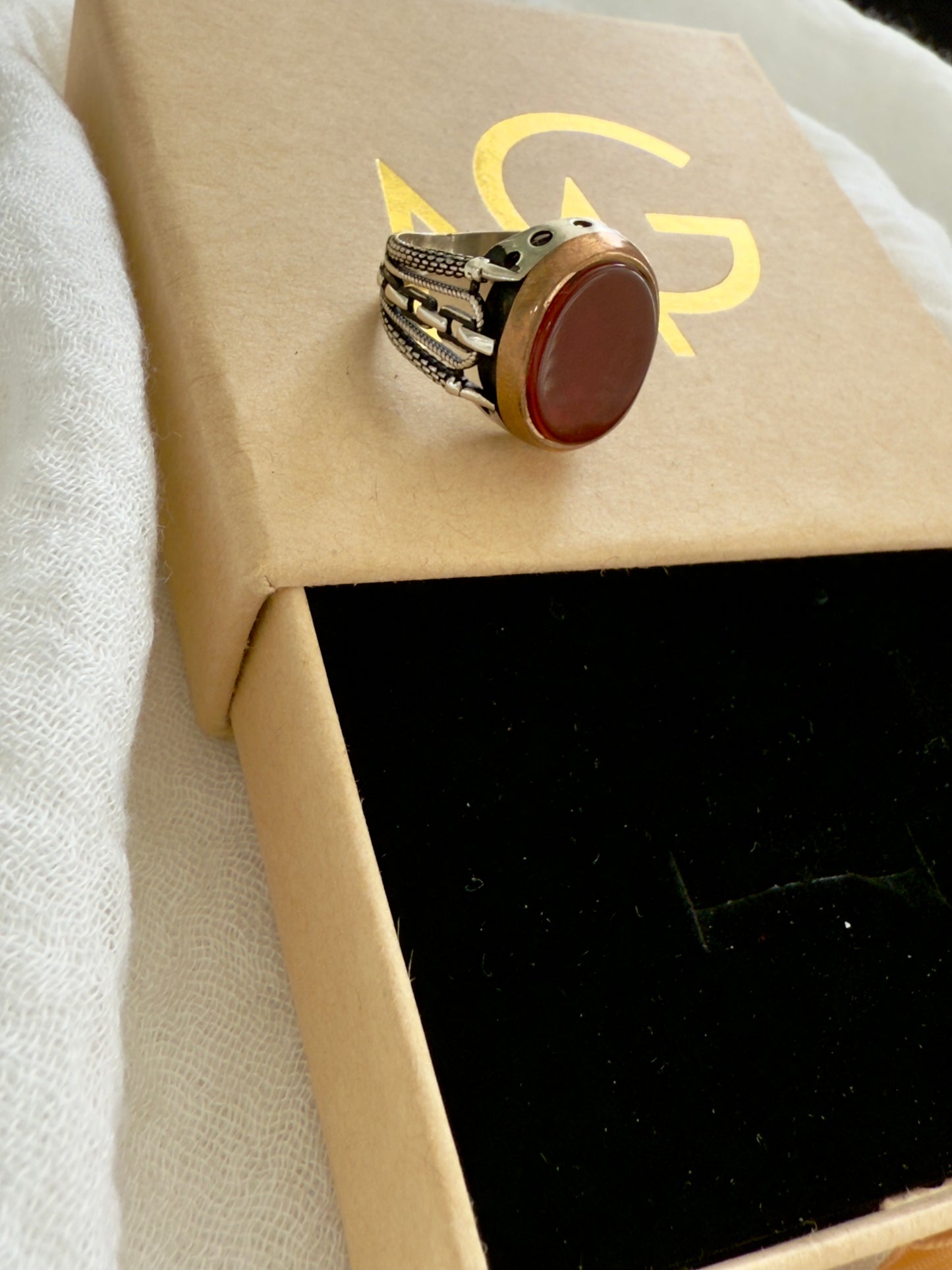Men's Design Red Agate Ring W/ Stirling Silver
