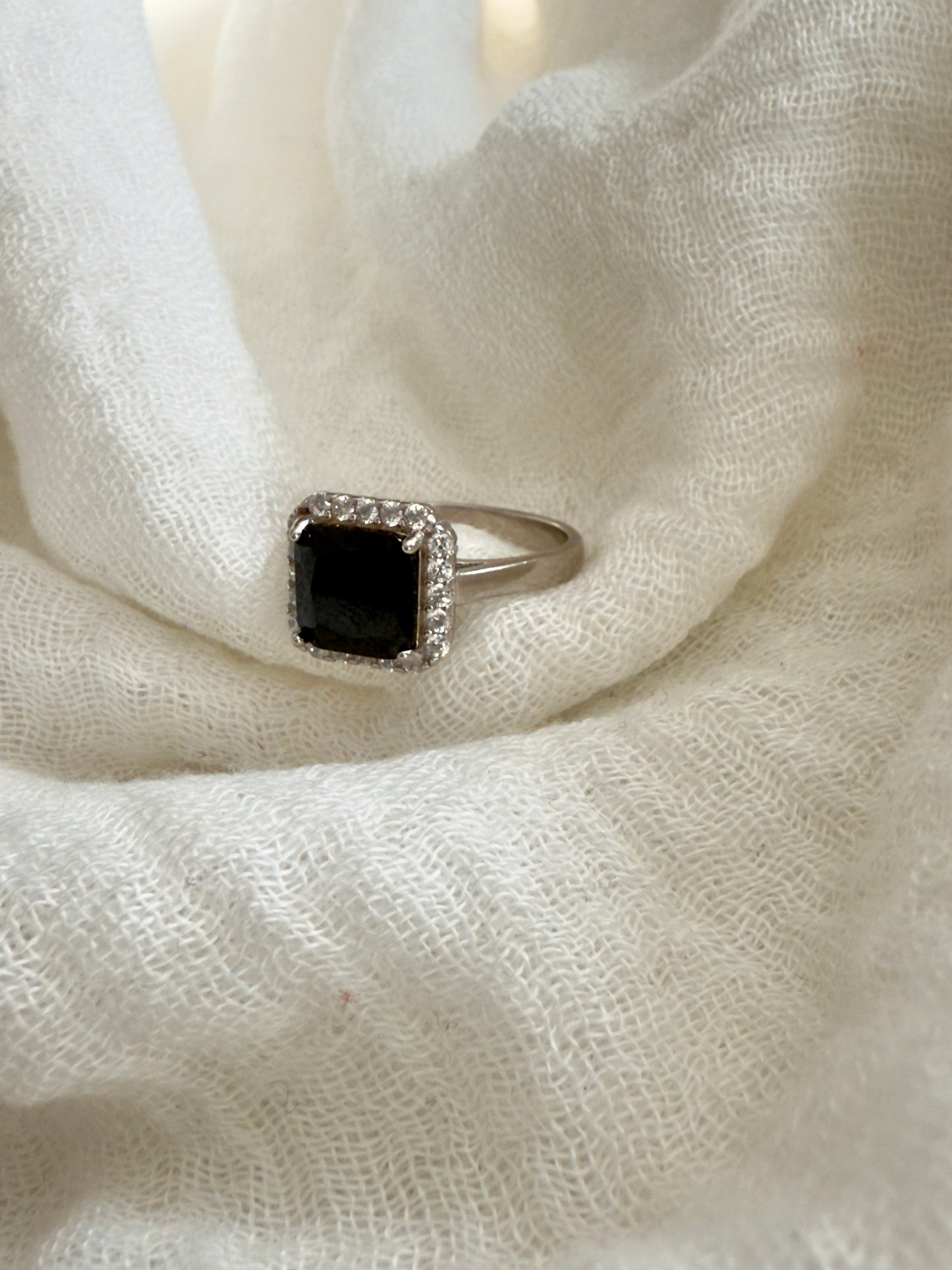 Woman's Design Black Crystal Ring Stirling Silver W/ Zircon