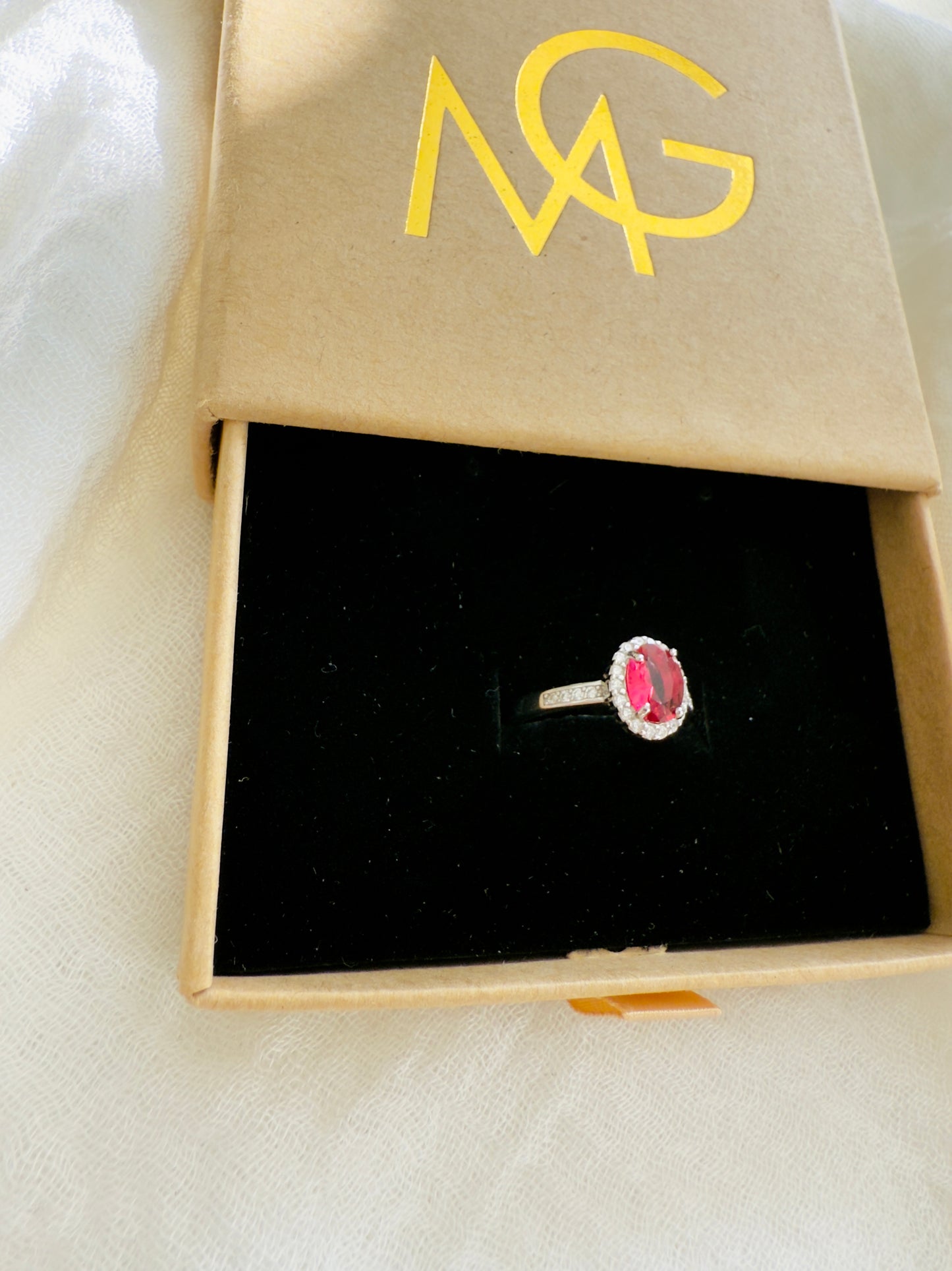 Woman's Design Red Crystal Ring Stirling Silver W/ Zircon