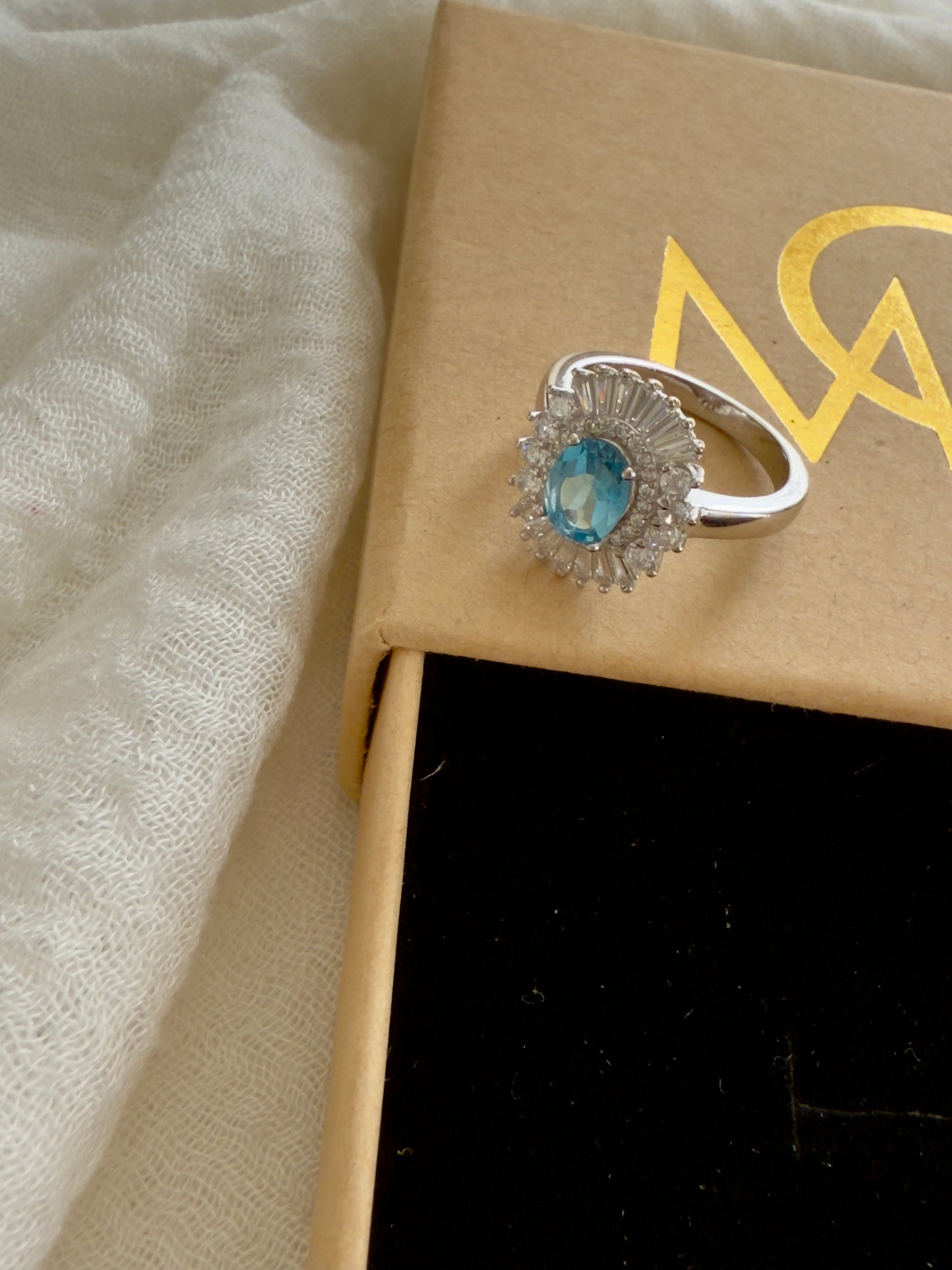Woman's Design Blue Topaz Ring Stirling Silver W/ Zircon