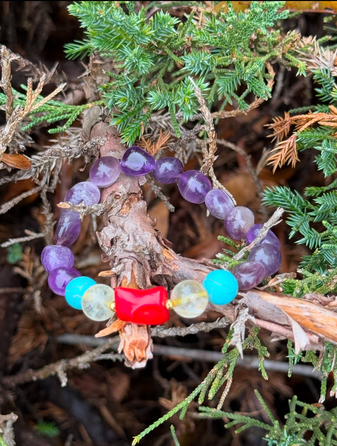 Chipped Amethyst-Citrine-Turquoise-Fresh Coral-Hematite Spacer Bracelet