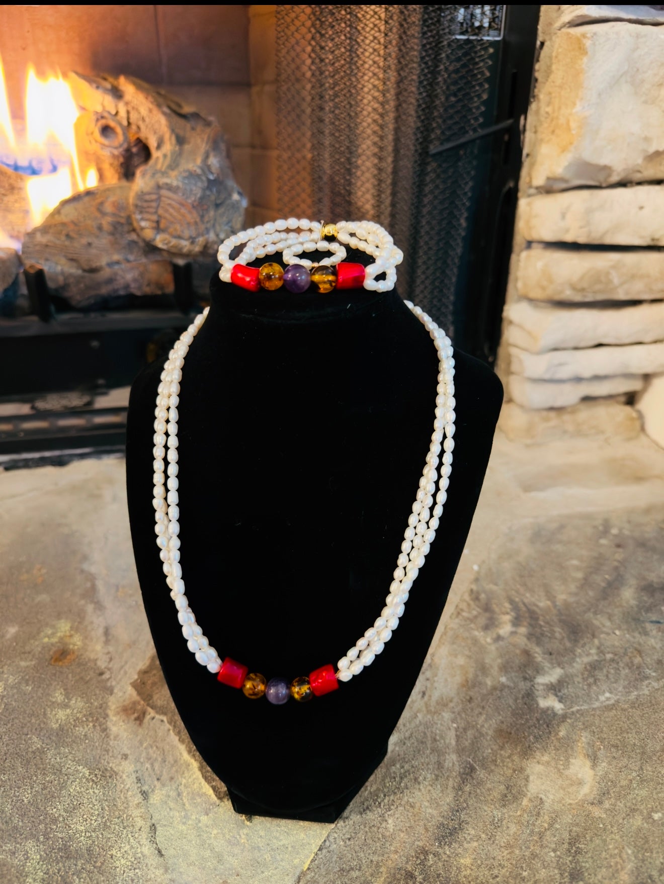 Cultured Pearl-Coral-Amber-Amethyst Jewelry Set