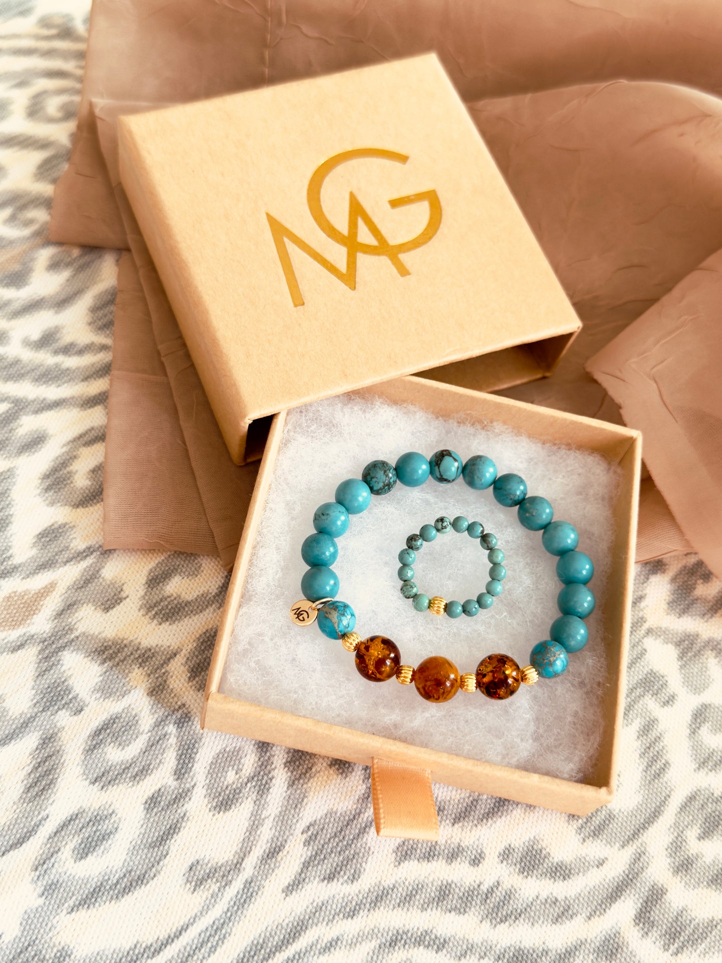 Unique Turquoise - Amber Bracelet + Turquoise Ring Set