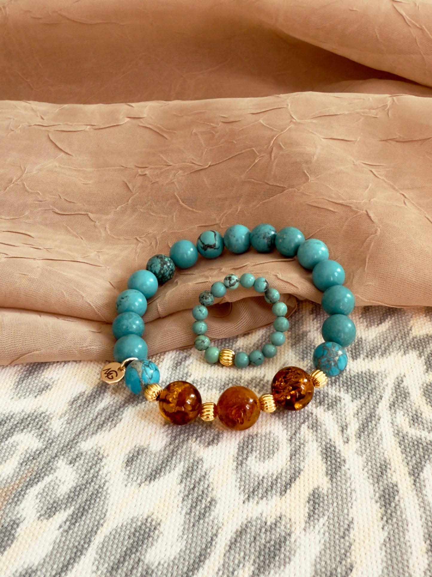 Unique Turquoise - Amber Bracelet + Turquoise Ring Set