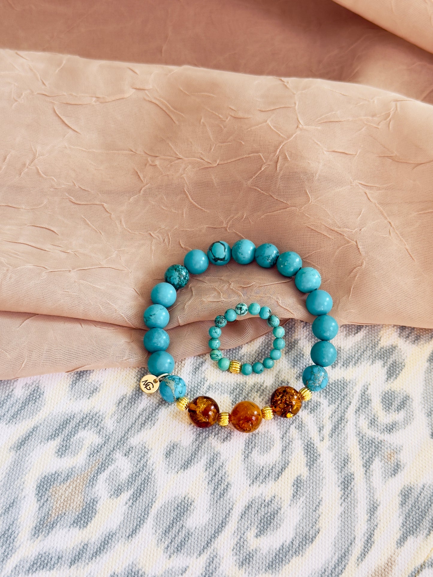 Unique Turquoise - Amber Bracelet + Turquoise Ring Set