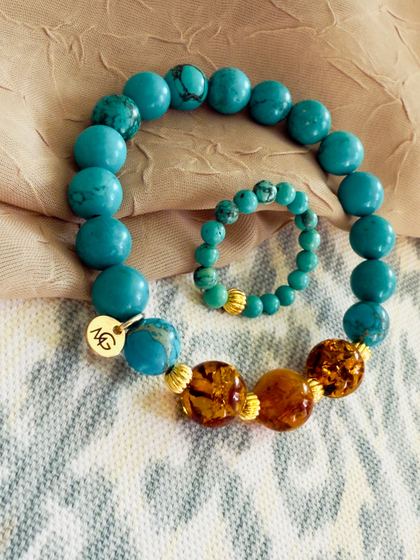 Unique Turquoise - Amber Bracelet + Turquoise Ring Set