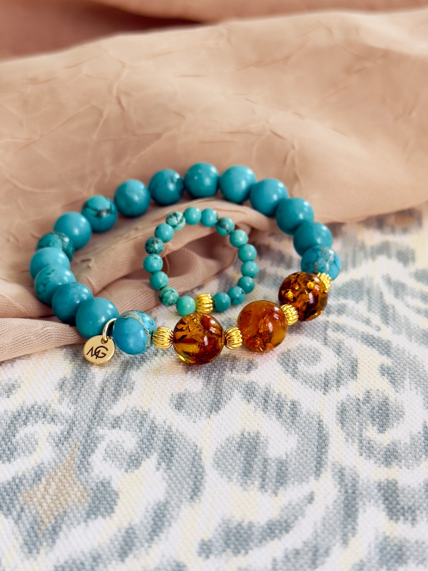 Unique Turquoise - Amber Bracelet + Turquoise Ring Set