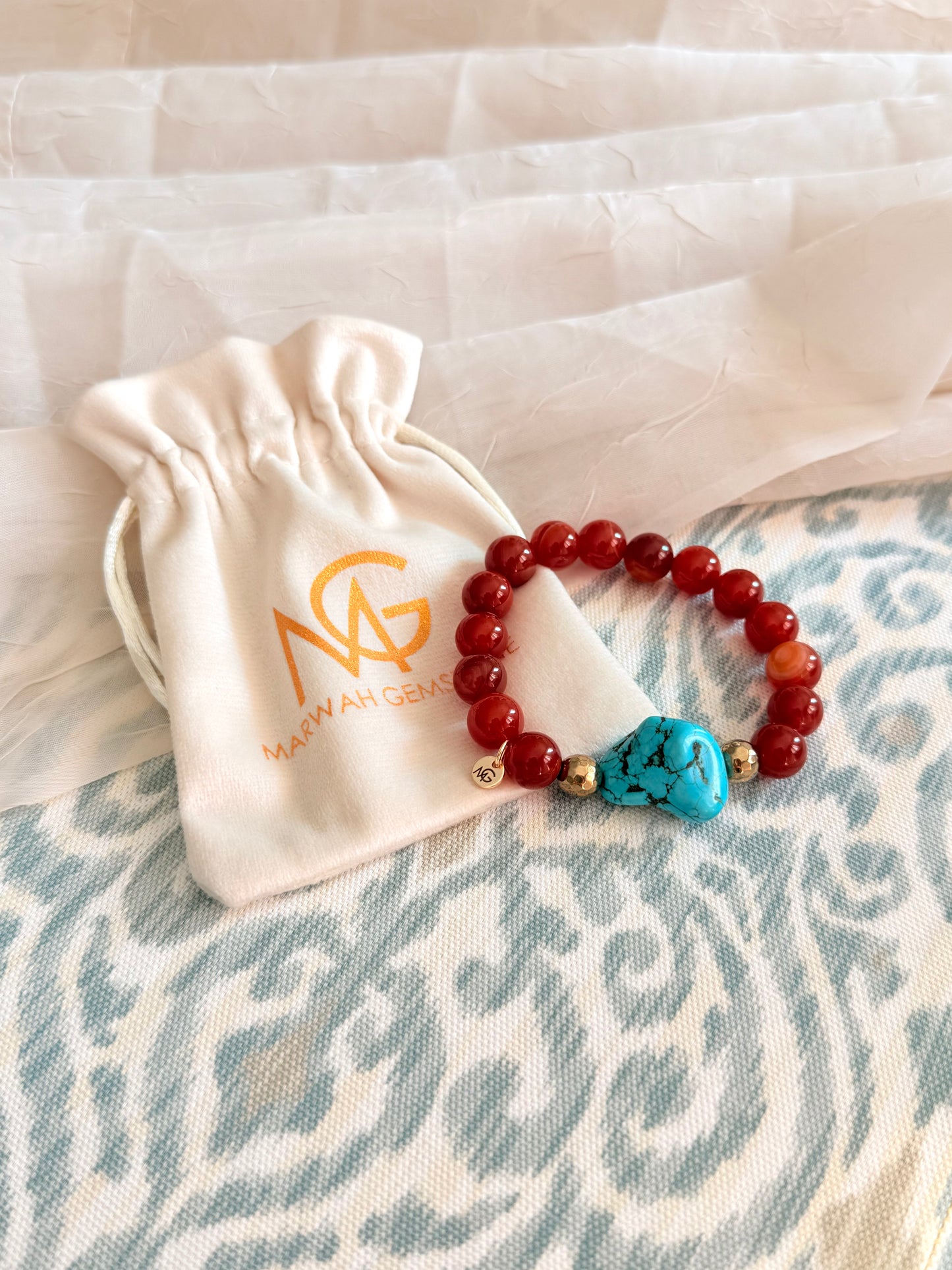 10mm Bead Size Red Agate - Raw Turquoise Bracelet