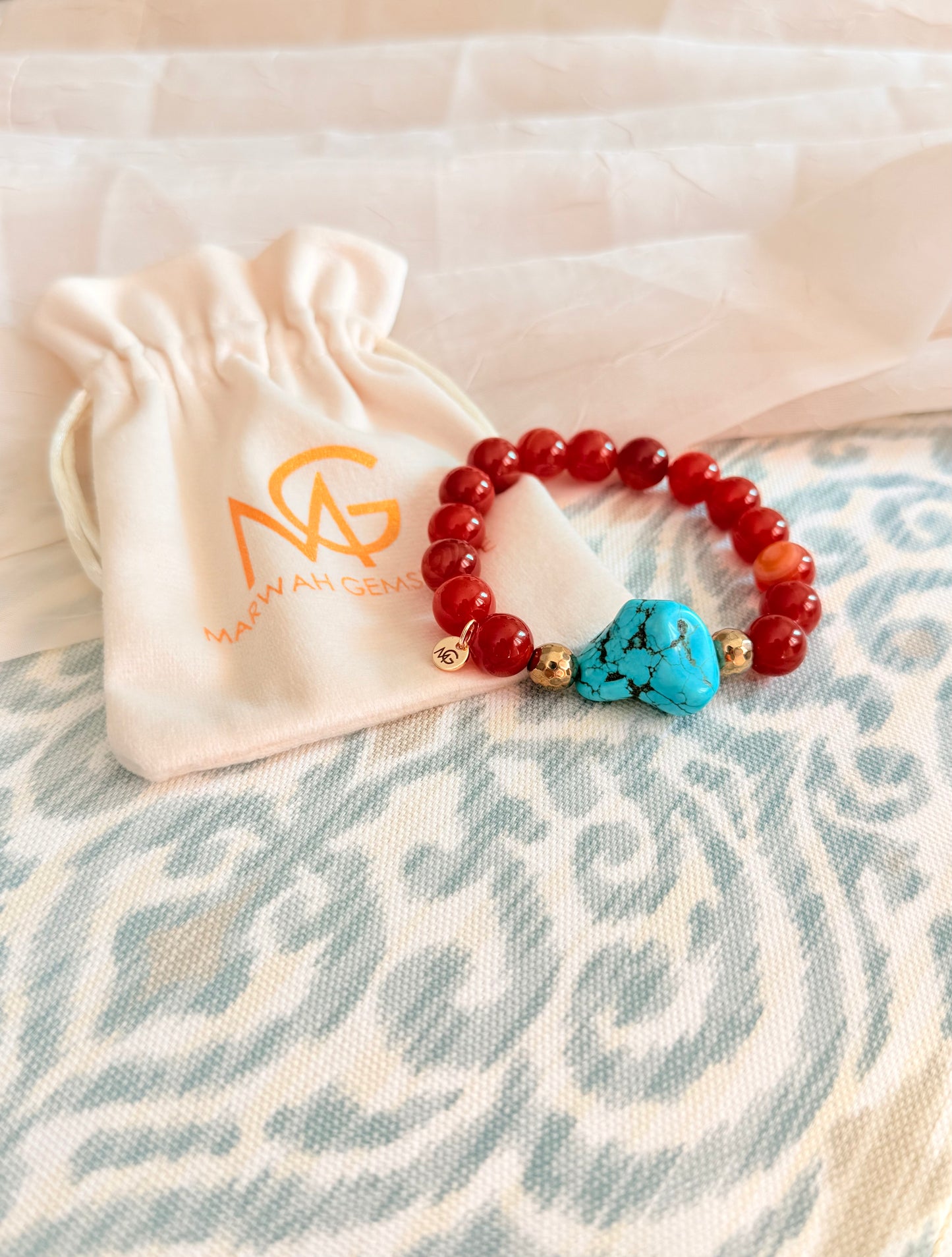 10mm Bead Size Red Agate - Raw Turquoise Bracelet