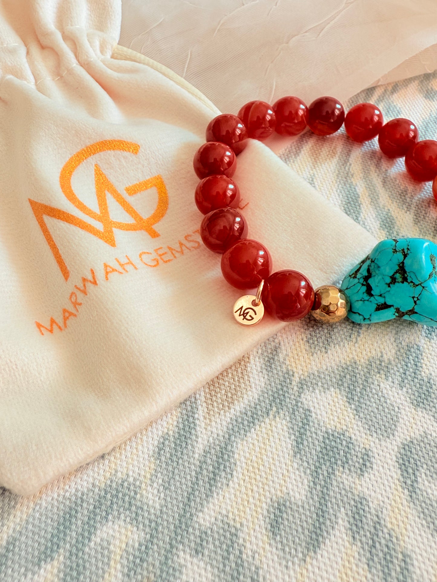 10mm Bead Size Red Agate - Raw Turquoise Bracelet