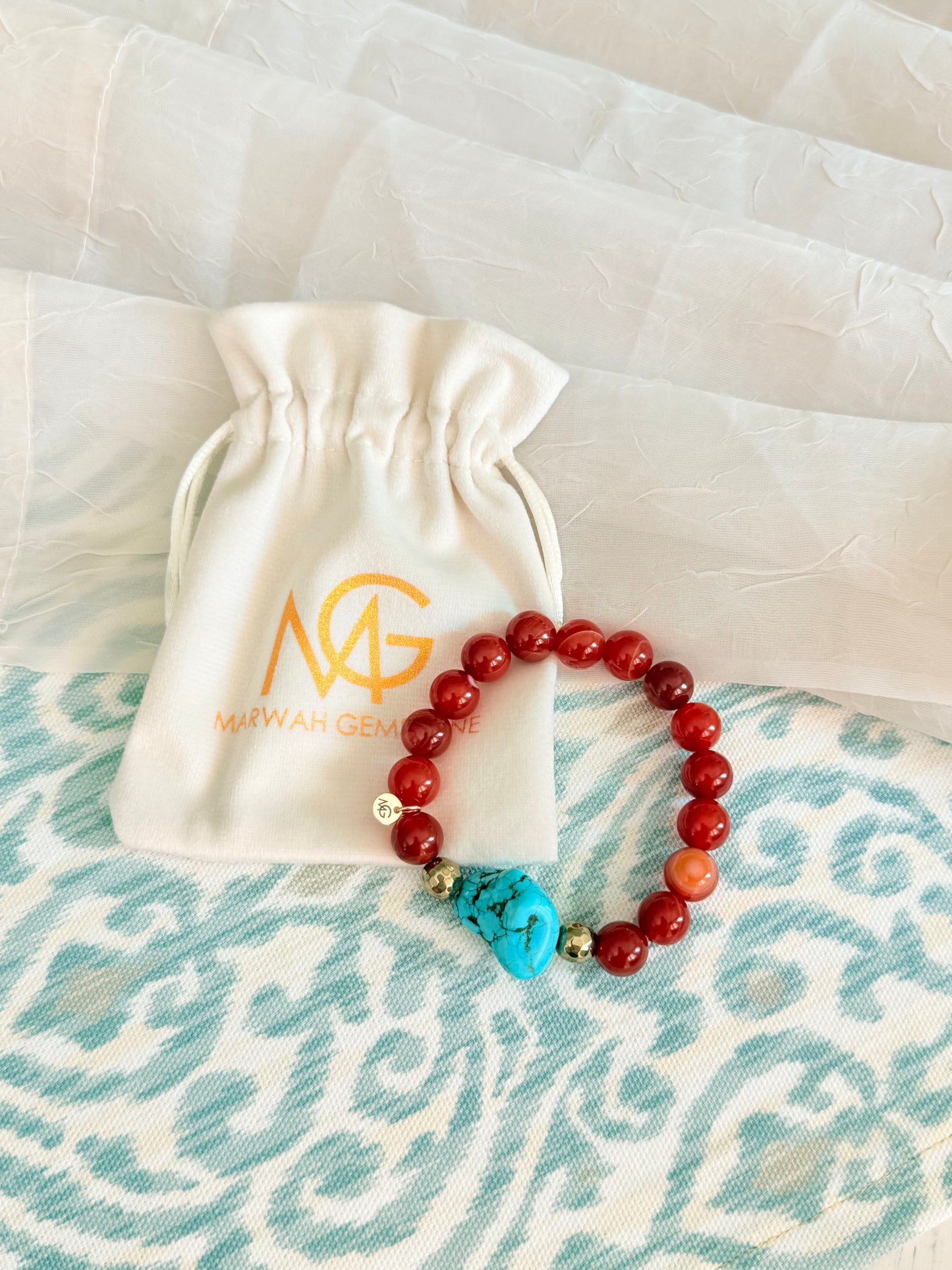 10mm Bead Size Red Agate - Raw Turquoise Bracelet