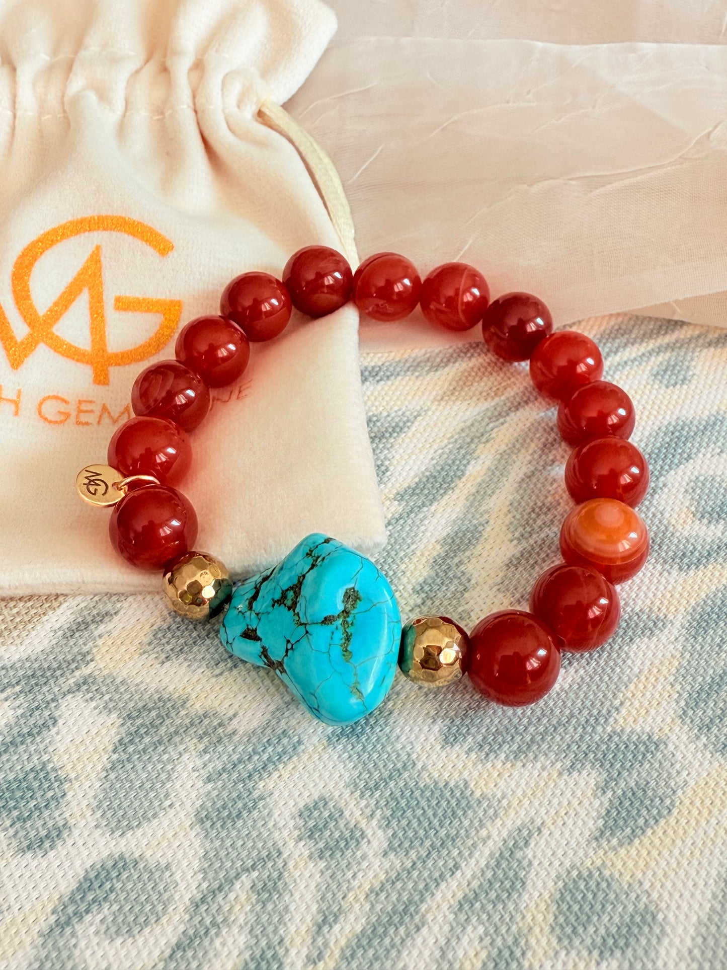 10mm Bead Size Red Agate - Raw Turquoise Bracelet
