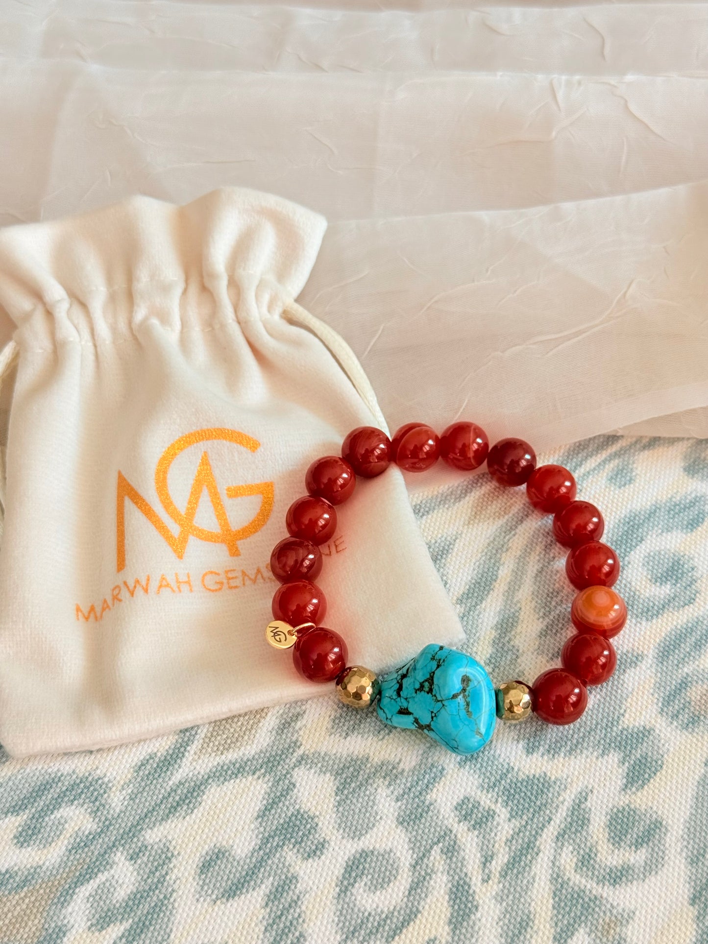 10mm Bead Size Red Agate - Raw Turquoise Bracelet