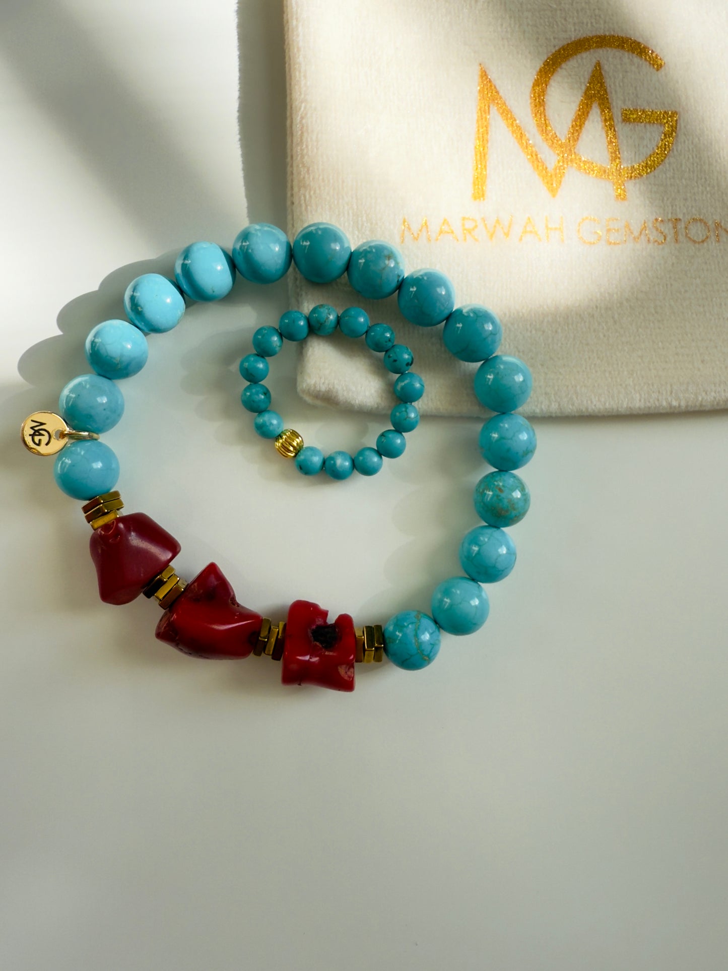 Turquoise - Coral Bracelet + Turquoise Ring Set