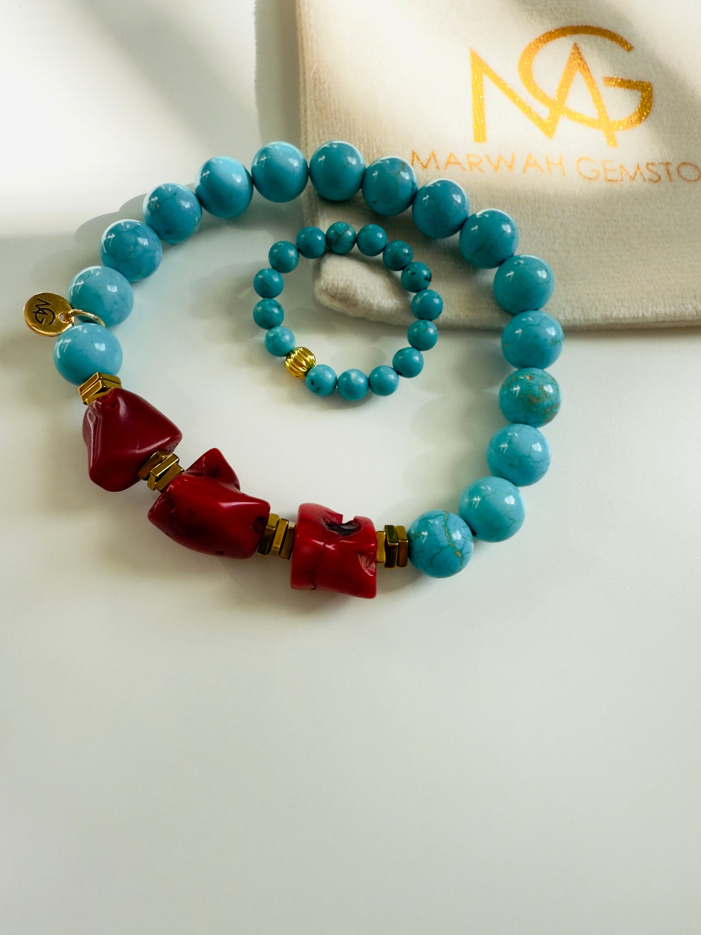 Turquoise - Coral Bracelet + Turquoise Ring Set