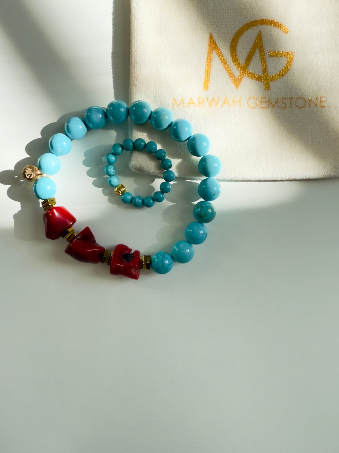 Turquoise - Coral Bracelet + Turquoise Ring Set