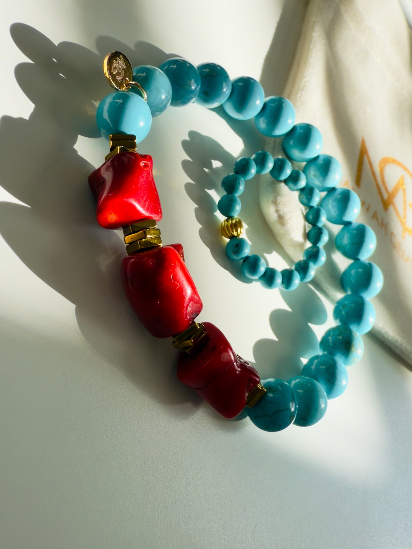 Turquoise - Coral Bracelet + Turquoise Ring Set