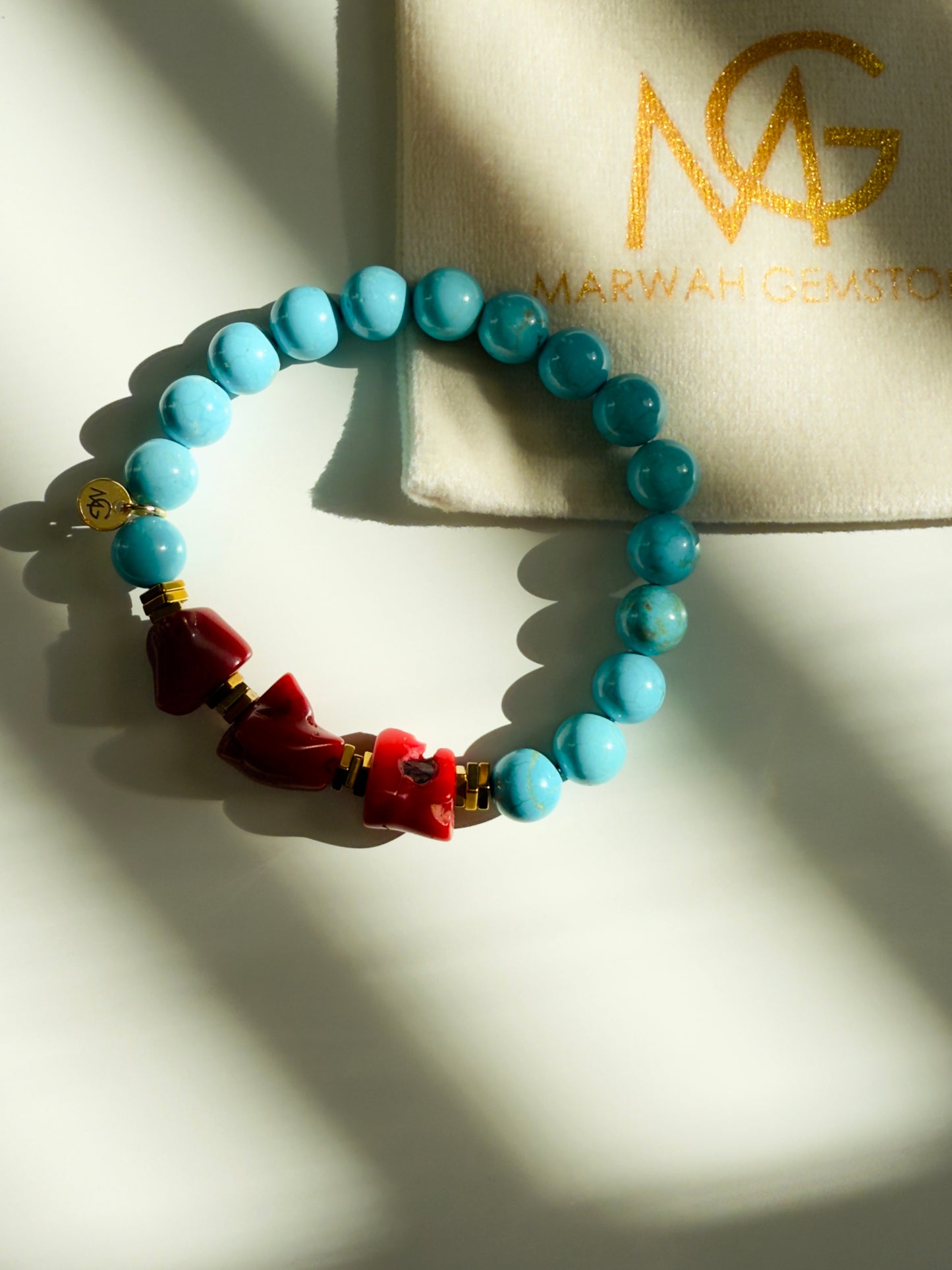 Turquoise - Coral Bracelet + Turquoise Ring Set