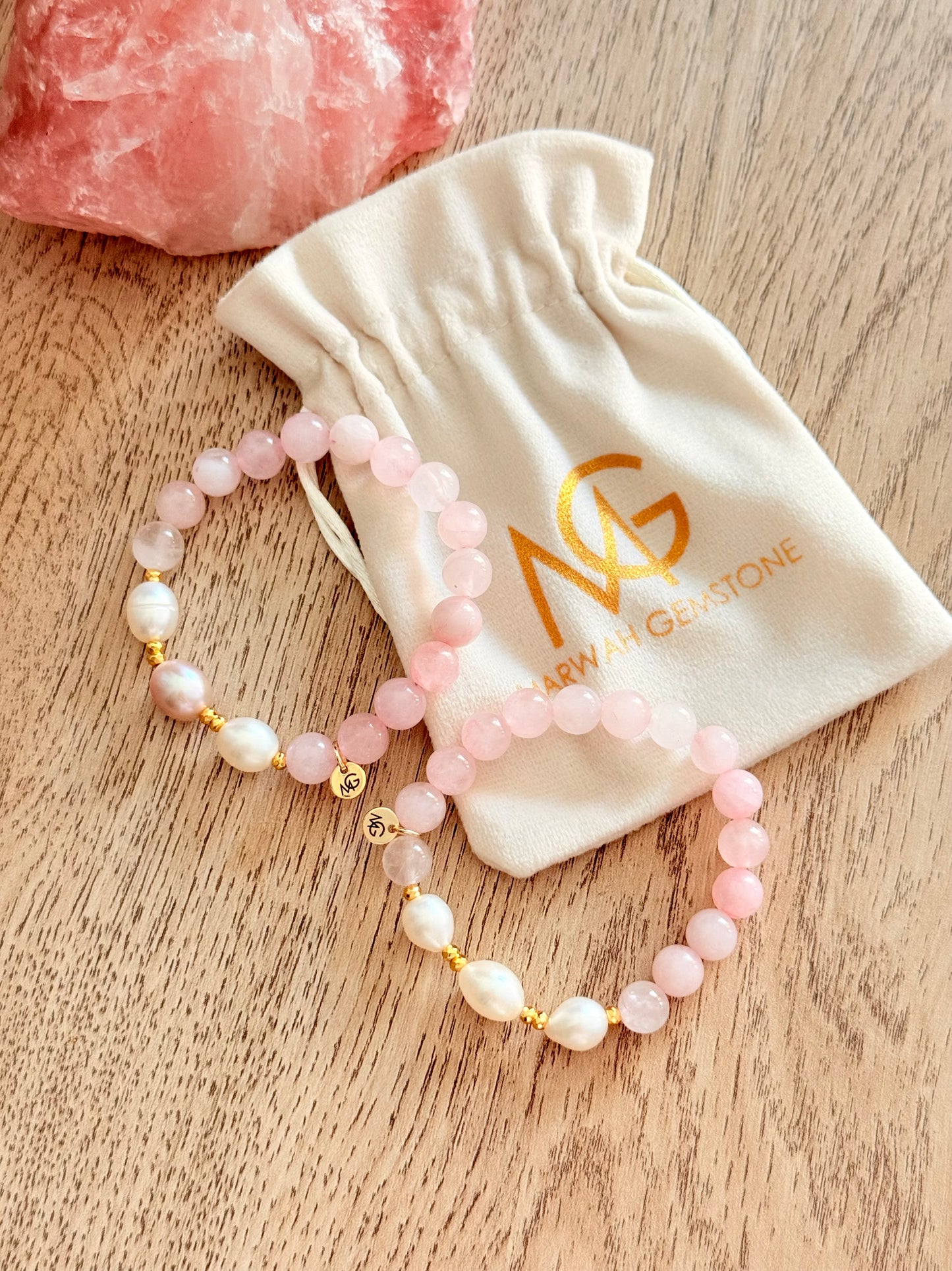 Rose Quartz - Natural Pearl Mum + Daughter Bracelet Set
