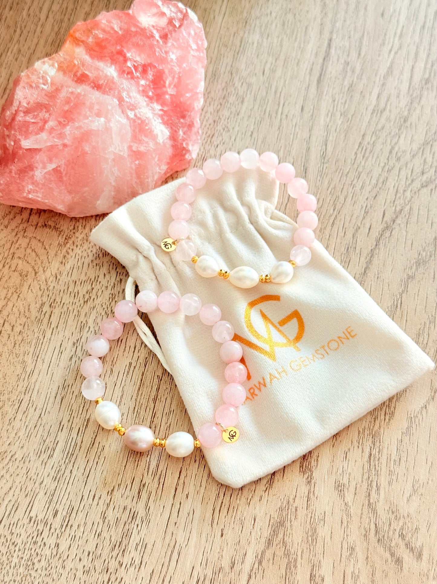 Rose Quartz - Natural Pearl Mum + Daughter Bracelet Set