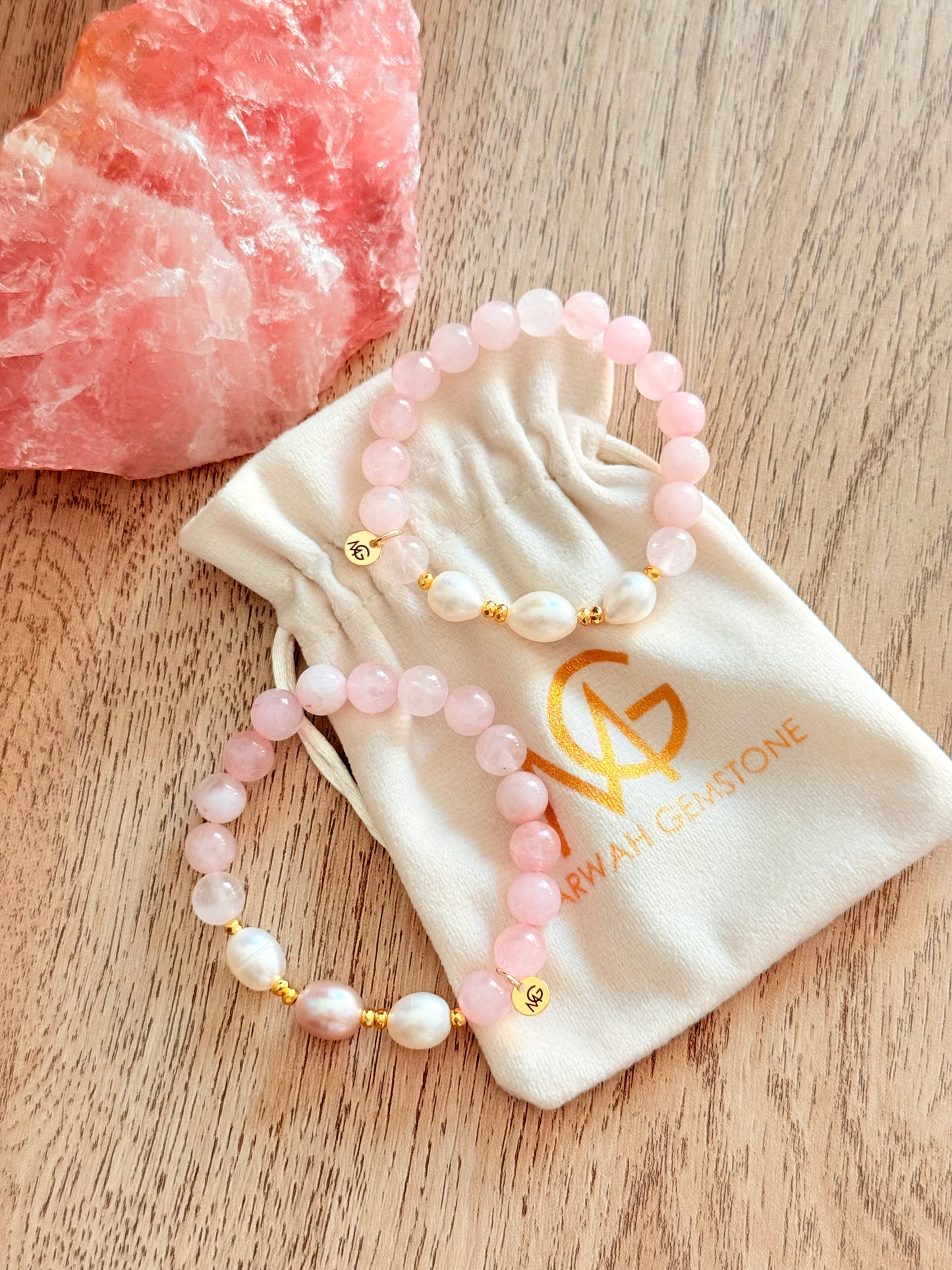 Rose Quartz - Natural Pearl Mum + Daughter Bracelet Set