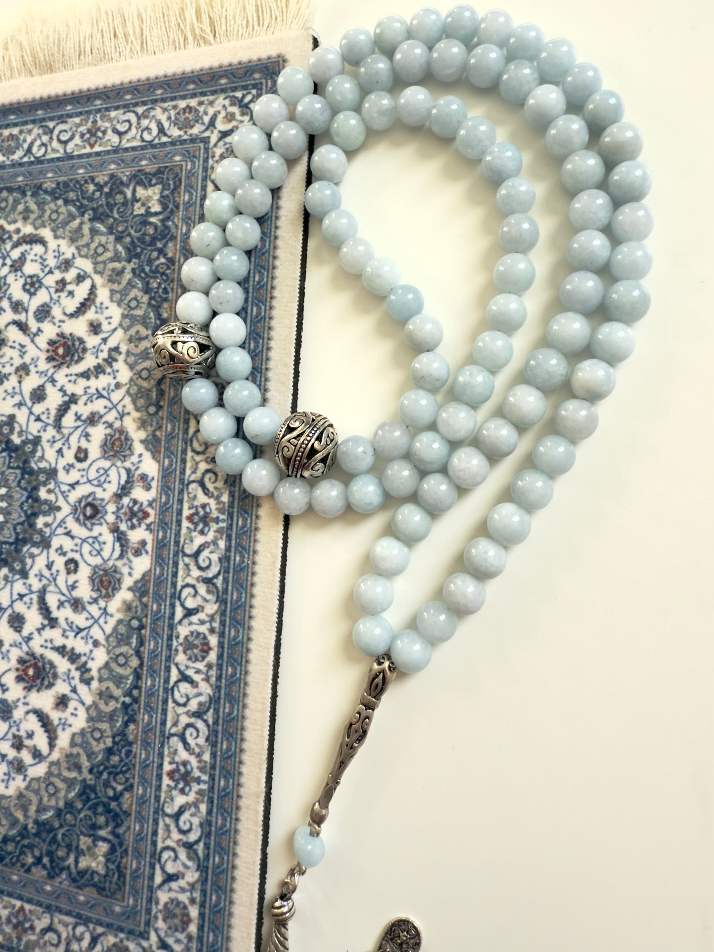 Aquamarine 99-Bead Misbaha With Silver