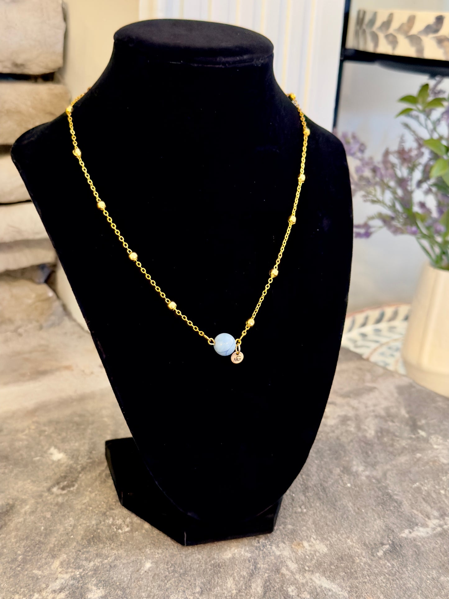 Plated Gold 18K Blue Agate Necklace