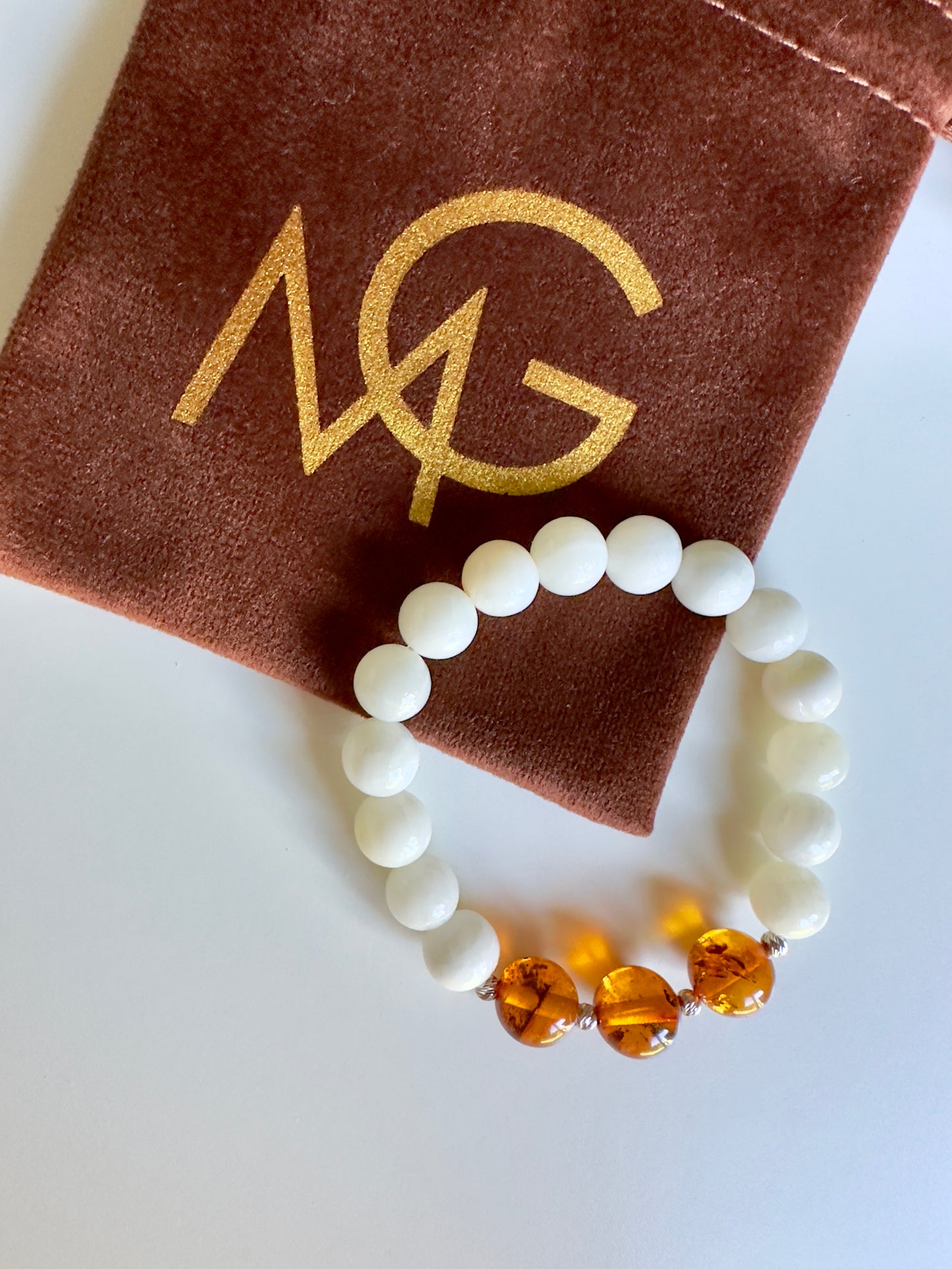 Amber - White Shell Bracelet with White Gold 21-K Spacers