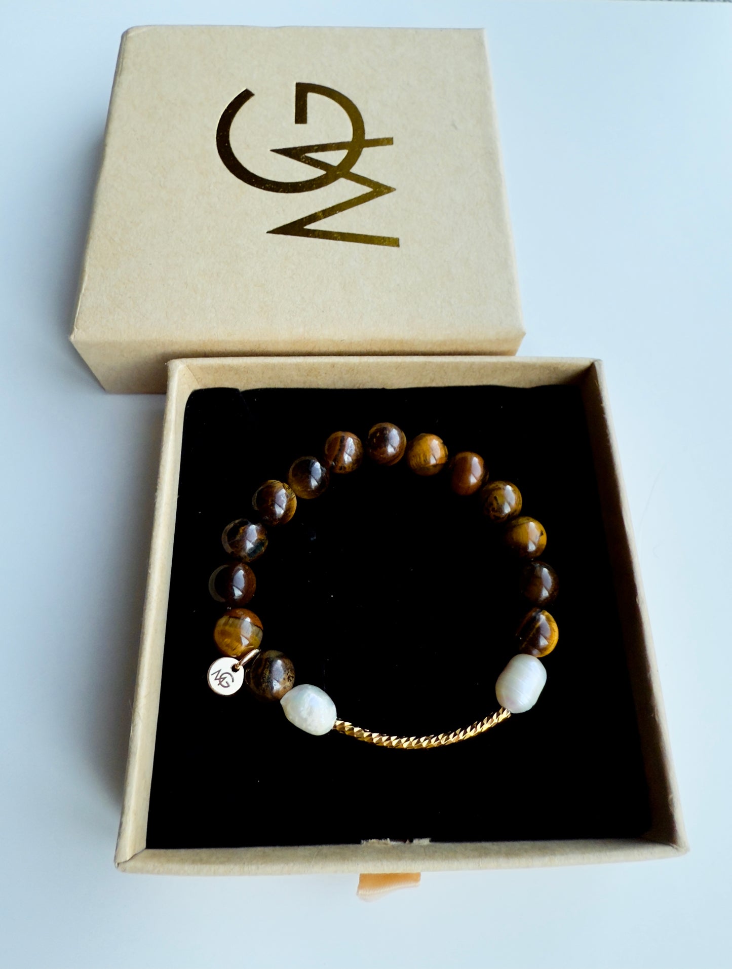 Tiger Eye - Freshwater Pearl Bracelet With Metal Curve