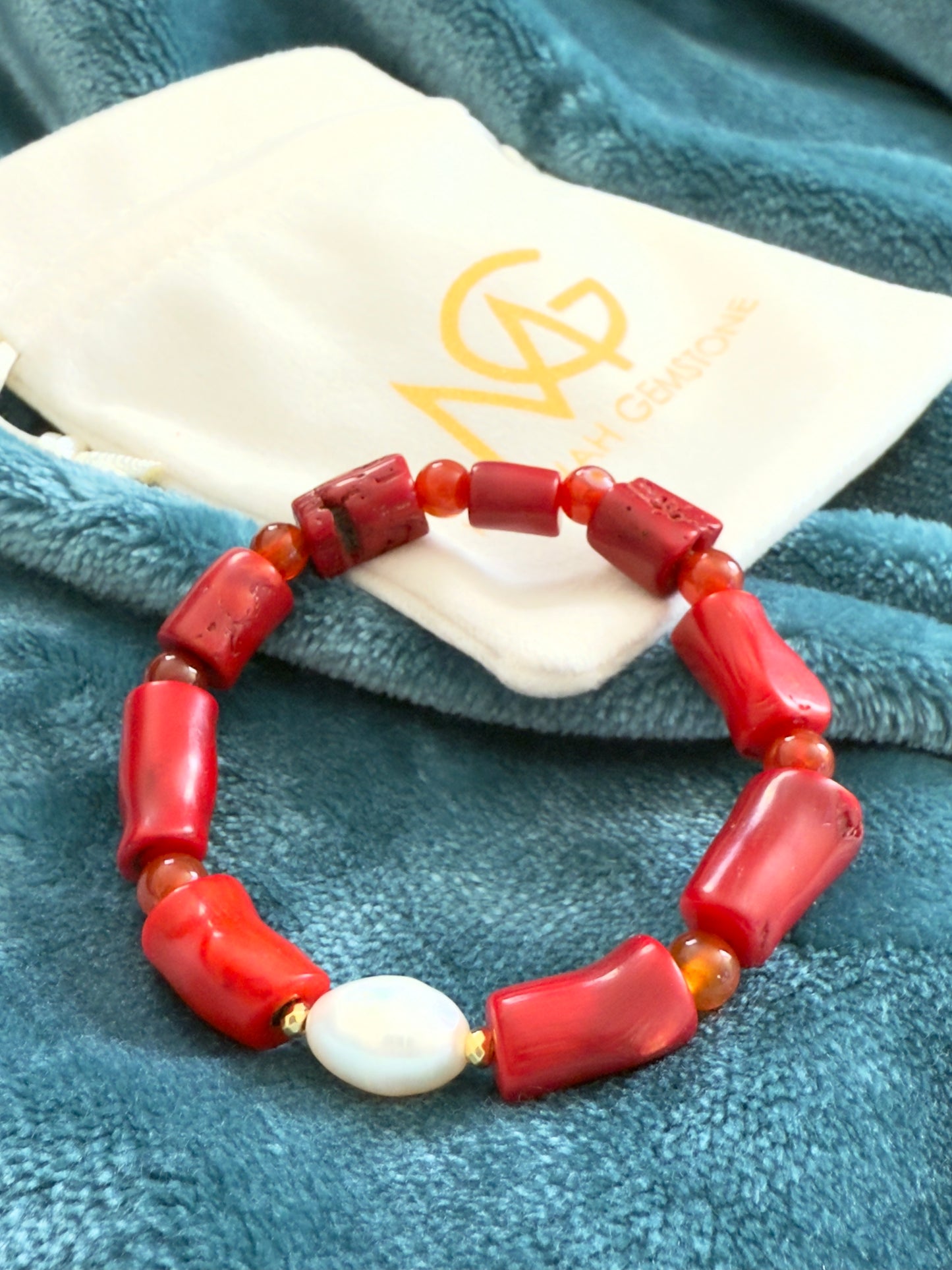 Natural Coral - Natural Pearl - Red Agate Bracelet With Hematite Spacers
