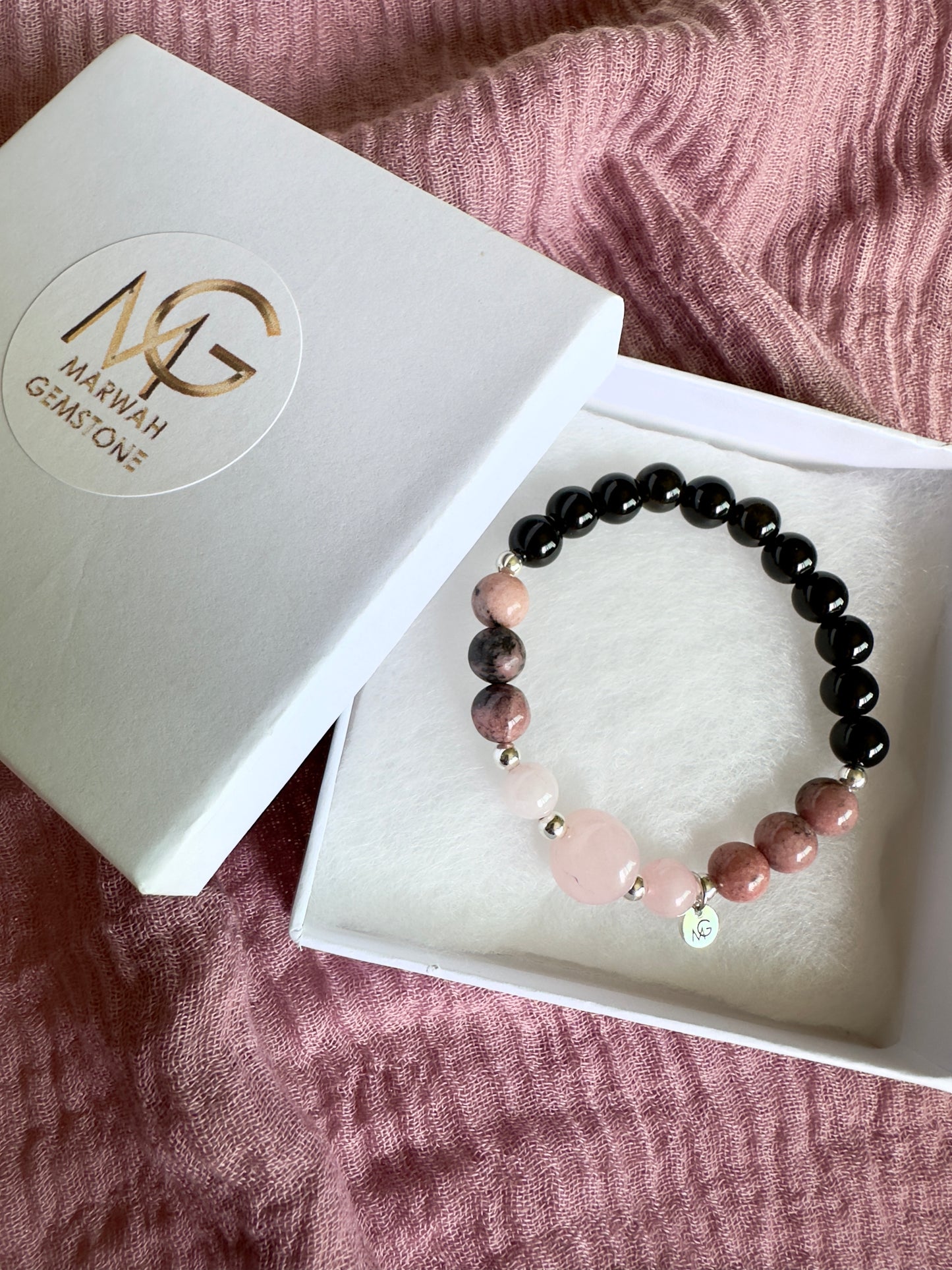 2 Different Designs of Rhodonite - Black Obsidian - Rose Quartz Bracelets
