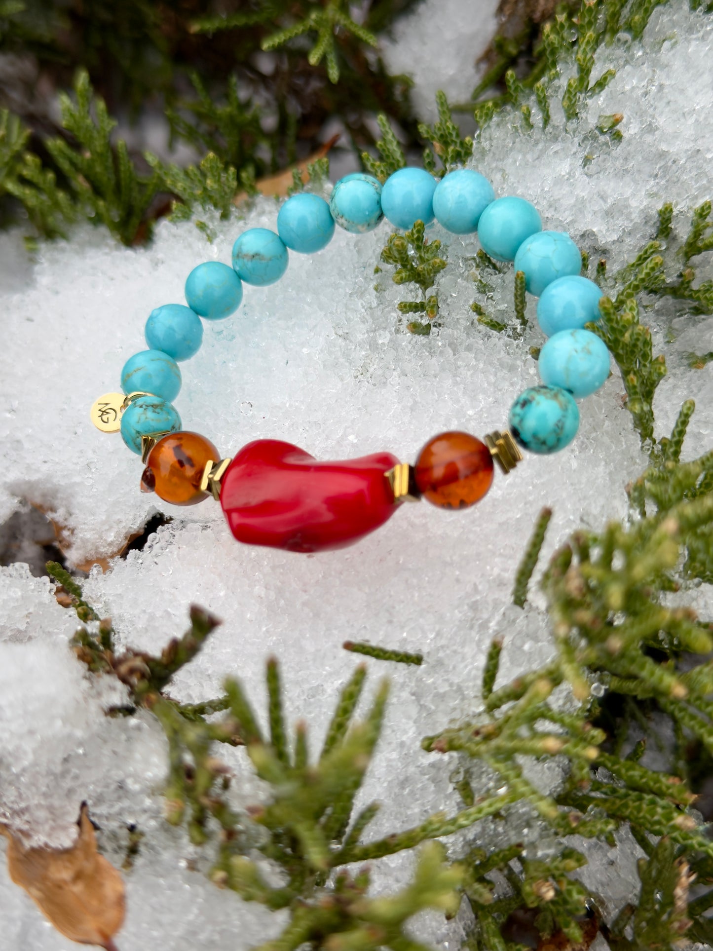 Turquoise - Amber - Natural Coral Bracelet With Hematite Spacers
