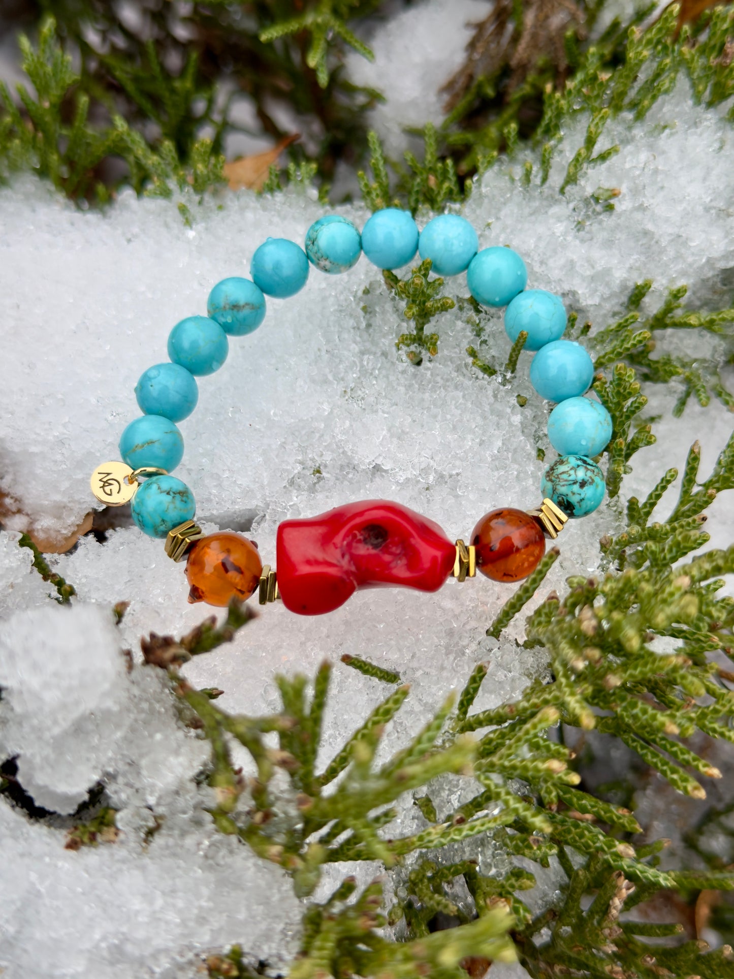 Turquoise - Amber - Natural Coral Bracelet With Hematite Spacers