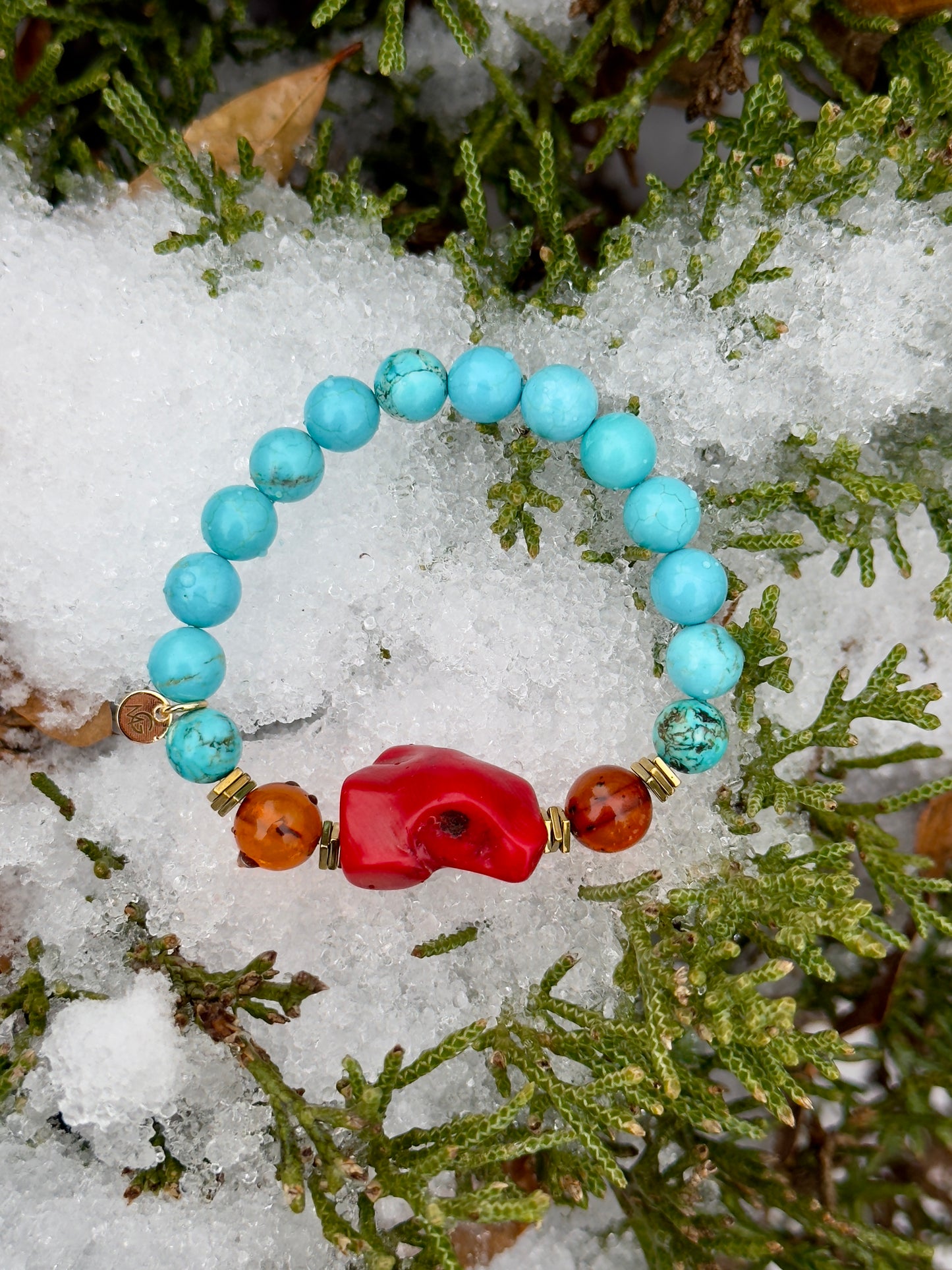 Turquoise - Amber - Natural Coral Bracelet With Hematite Spacers