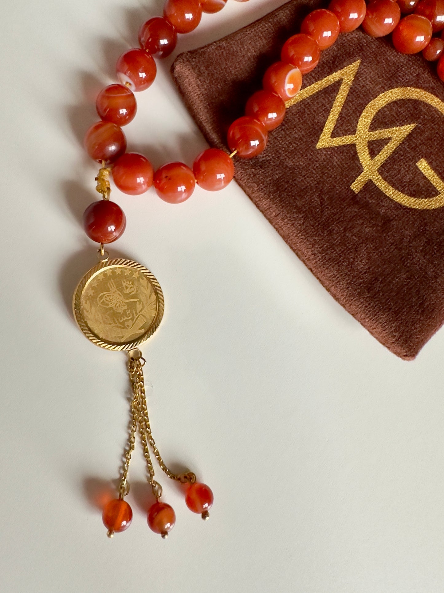 10mm Red Agate Misbaha with 21-K gold