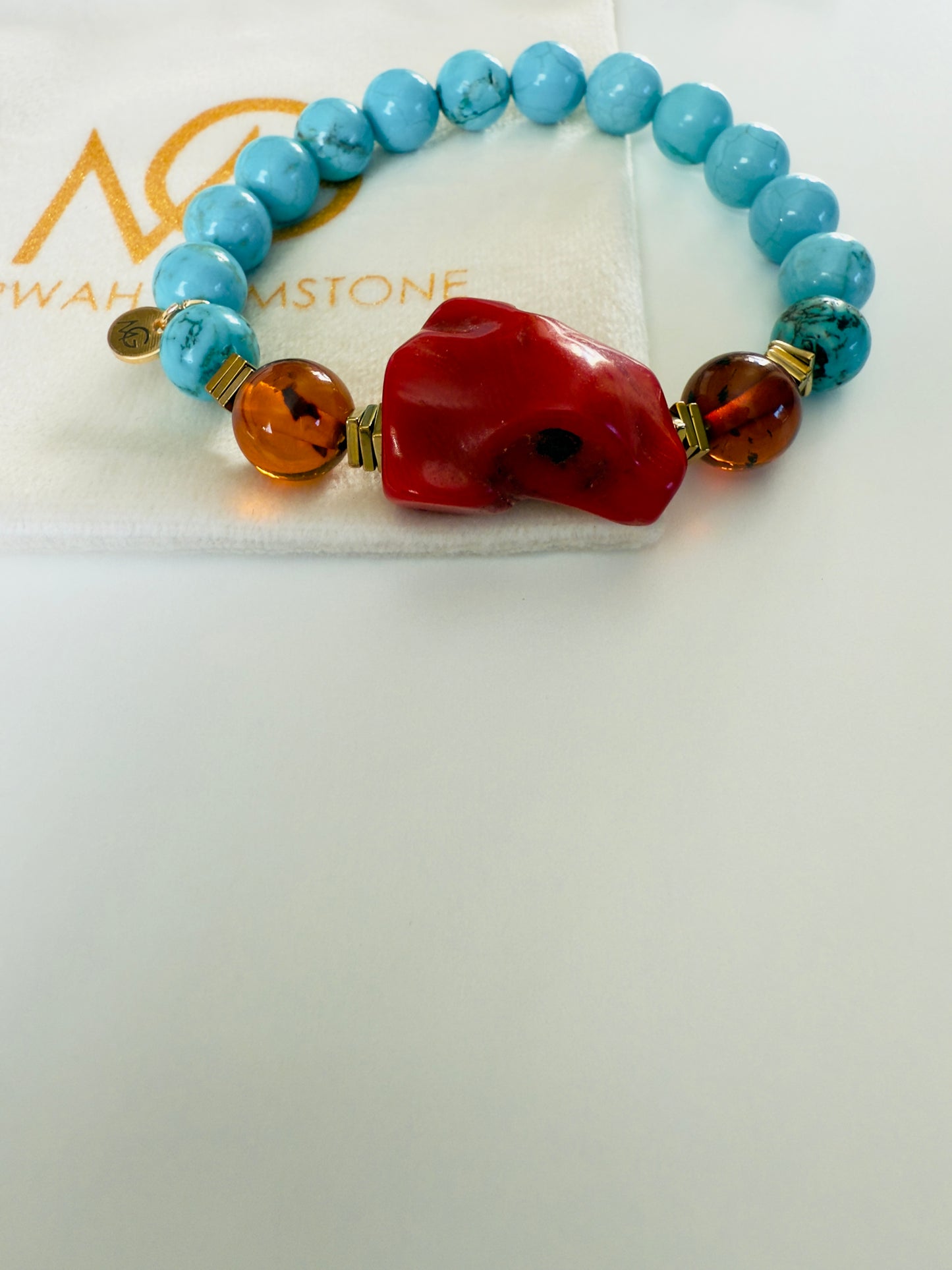 Turquoise - Amber - Natural Coral Bracelet With Hematite Spacers