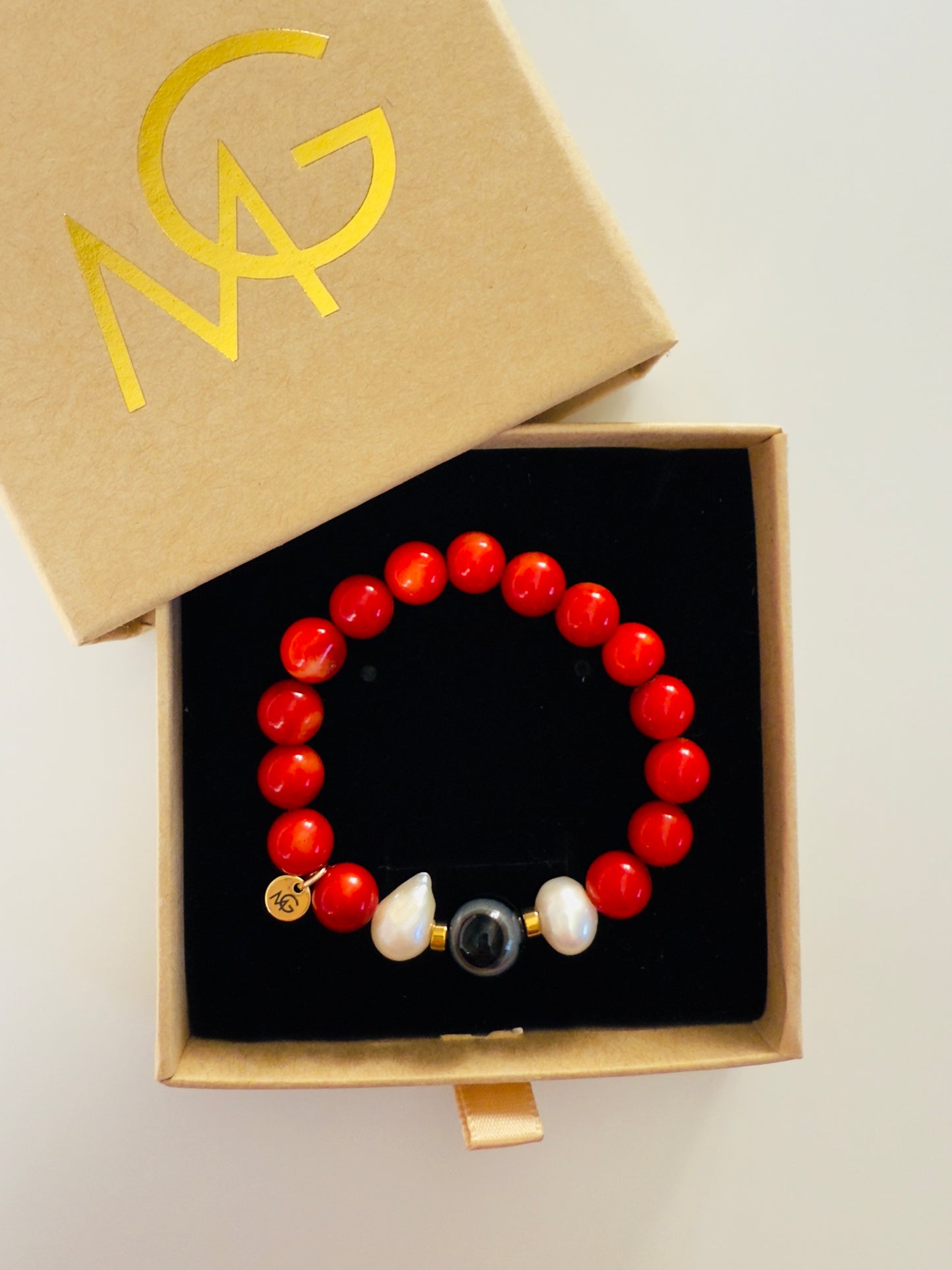 Natural Coral - Natural Pearl - Black Agate Bracelet With Hematite Spacers