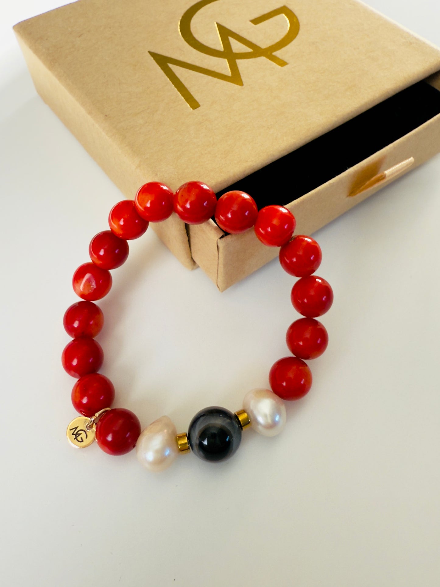 Natural Coral - Natural Pearl - Black Agate Bracelet With Hematite Spacers