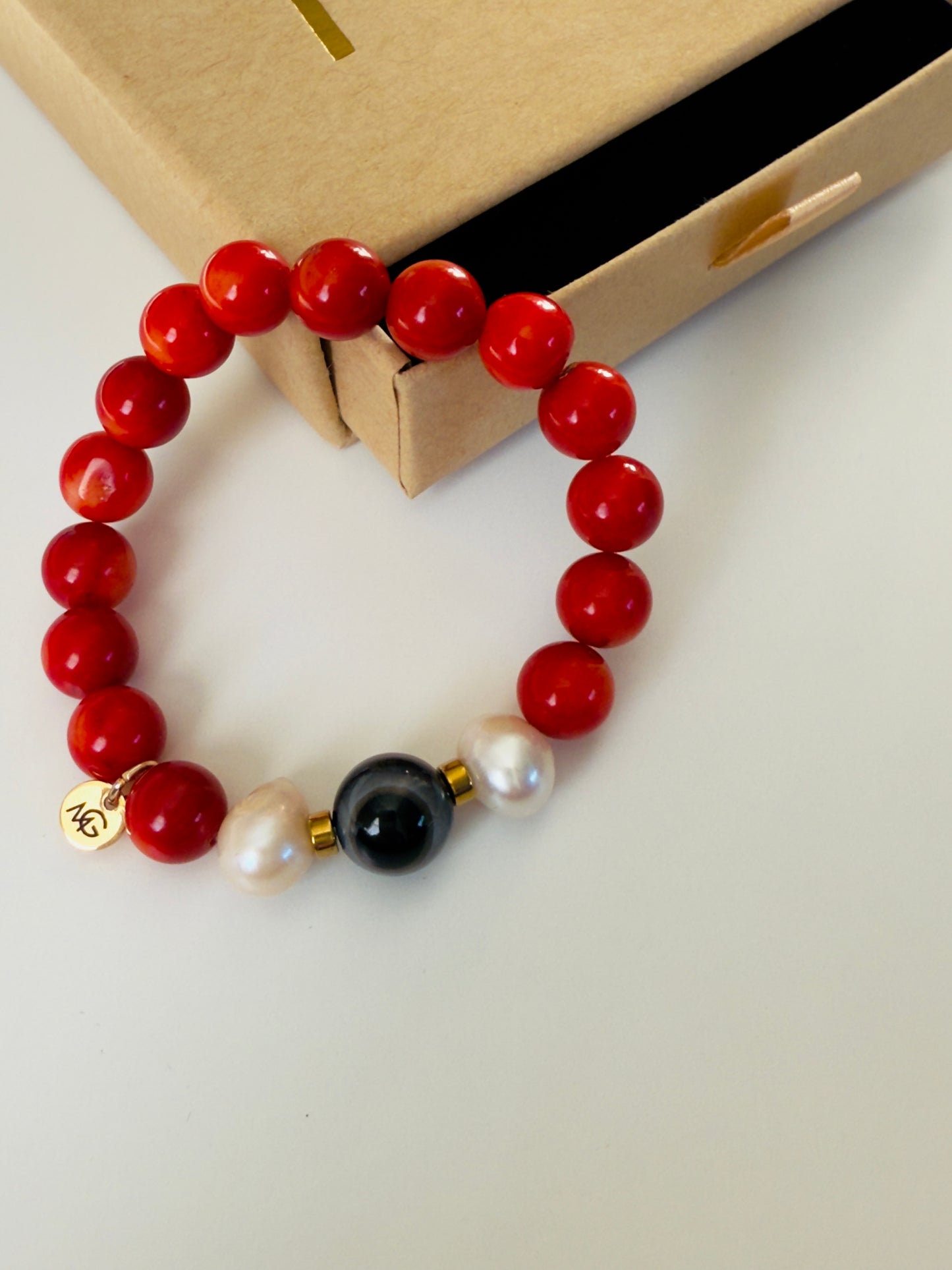 Natural Coral - Natural Pearl - Black Agate Bracelet With Hematite Spacers