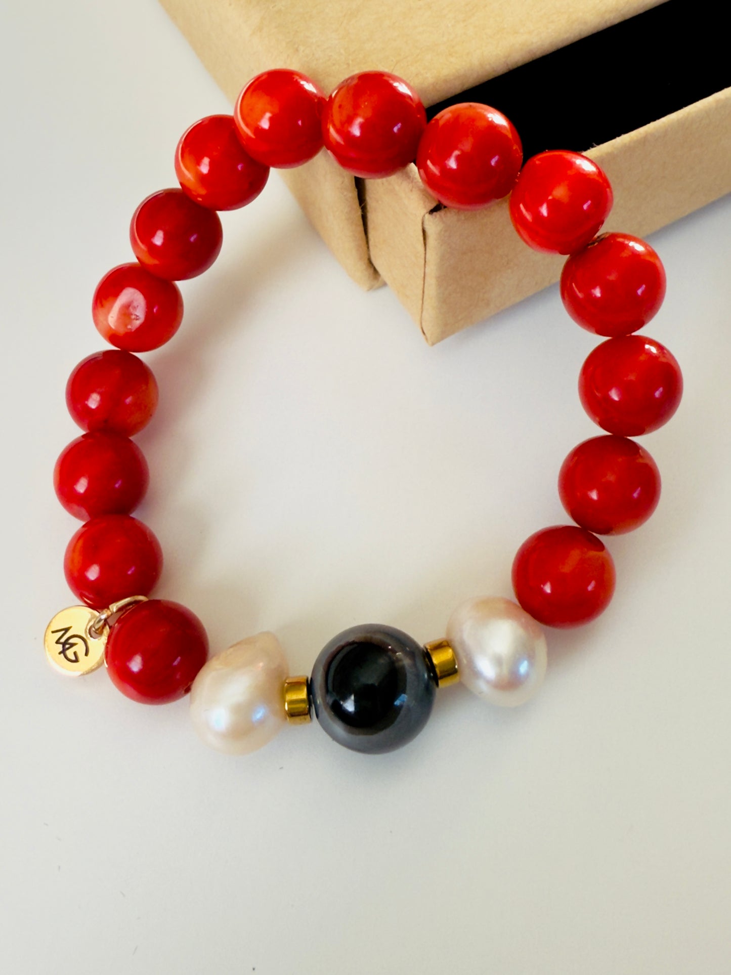 Natural Coral - Natural Pearl - Black Agate Bracelet With Hematite Spacers