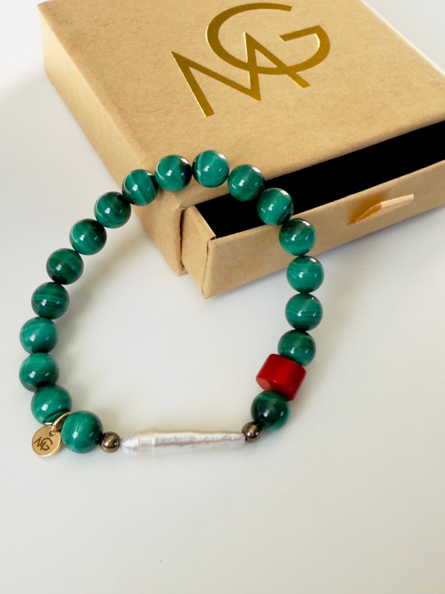 Malachite - Natural Pearl - Natural Coral Bracelet With Hematite Spacers