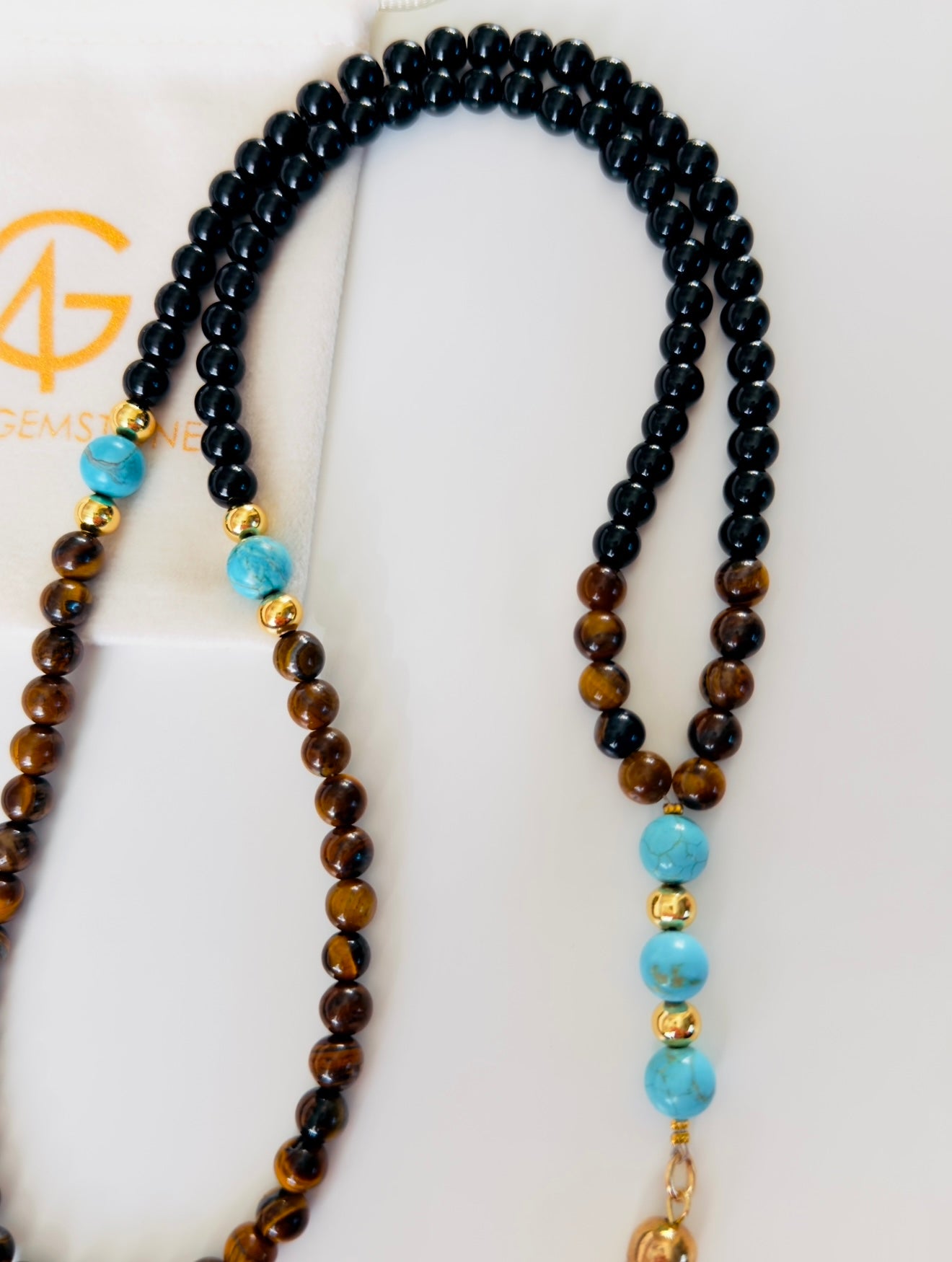 Black Agate - Turquoise - Tiger Eye Misbaha 99-Beads With Golden Metal Spacers