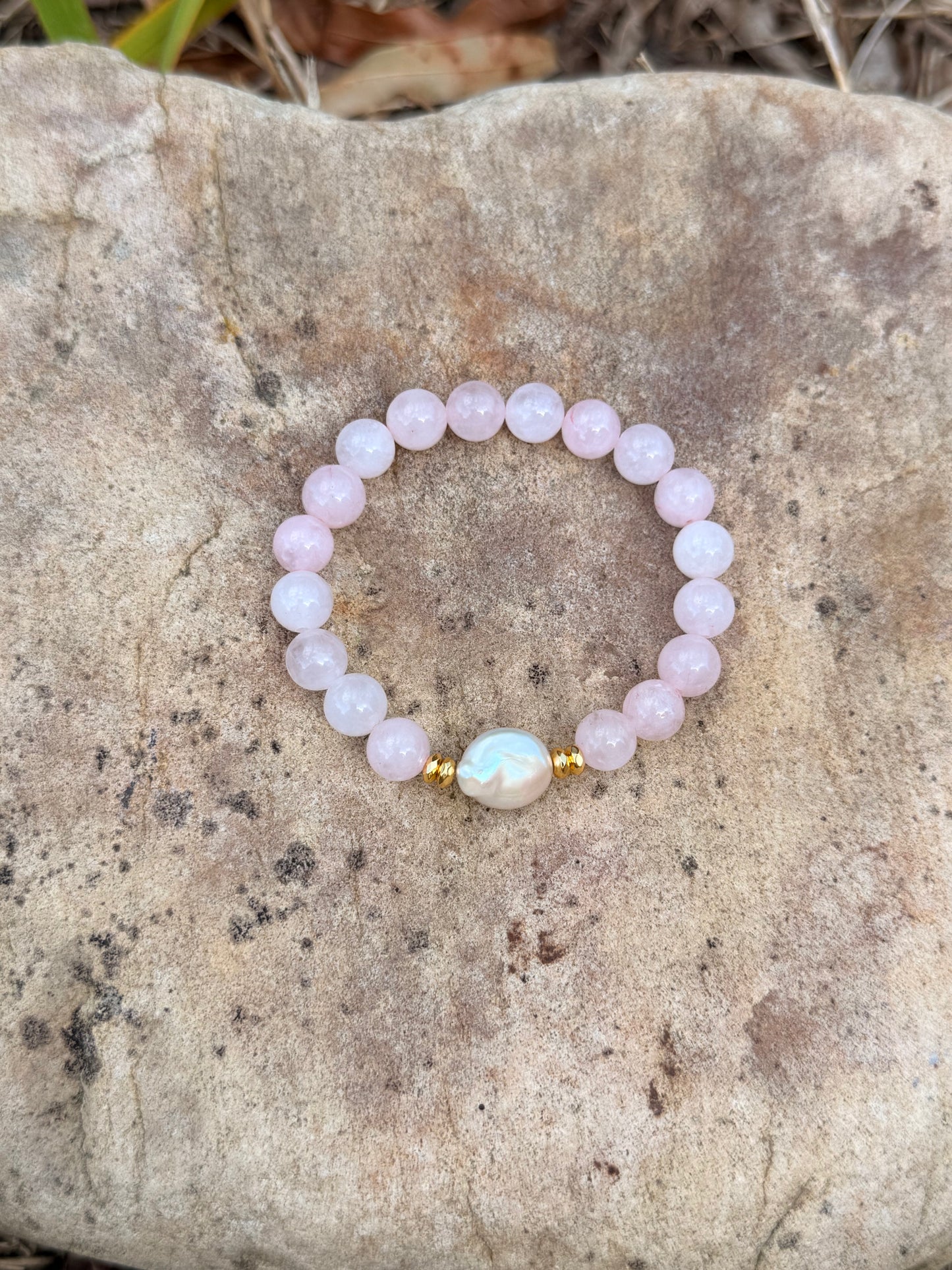 Rose Quartz - Small Round Freshwater Pearl Bracelet with Hematite Spacers