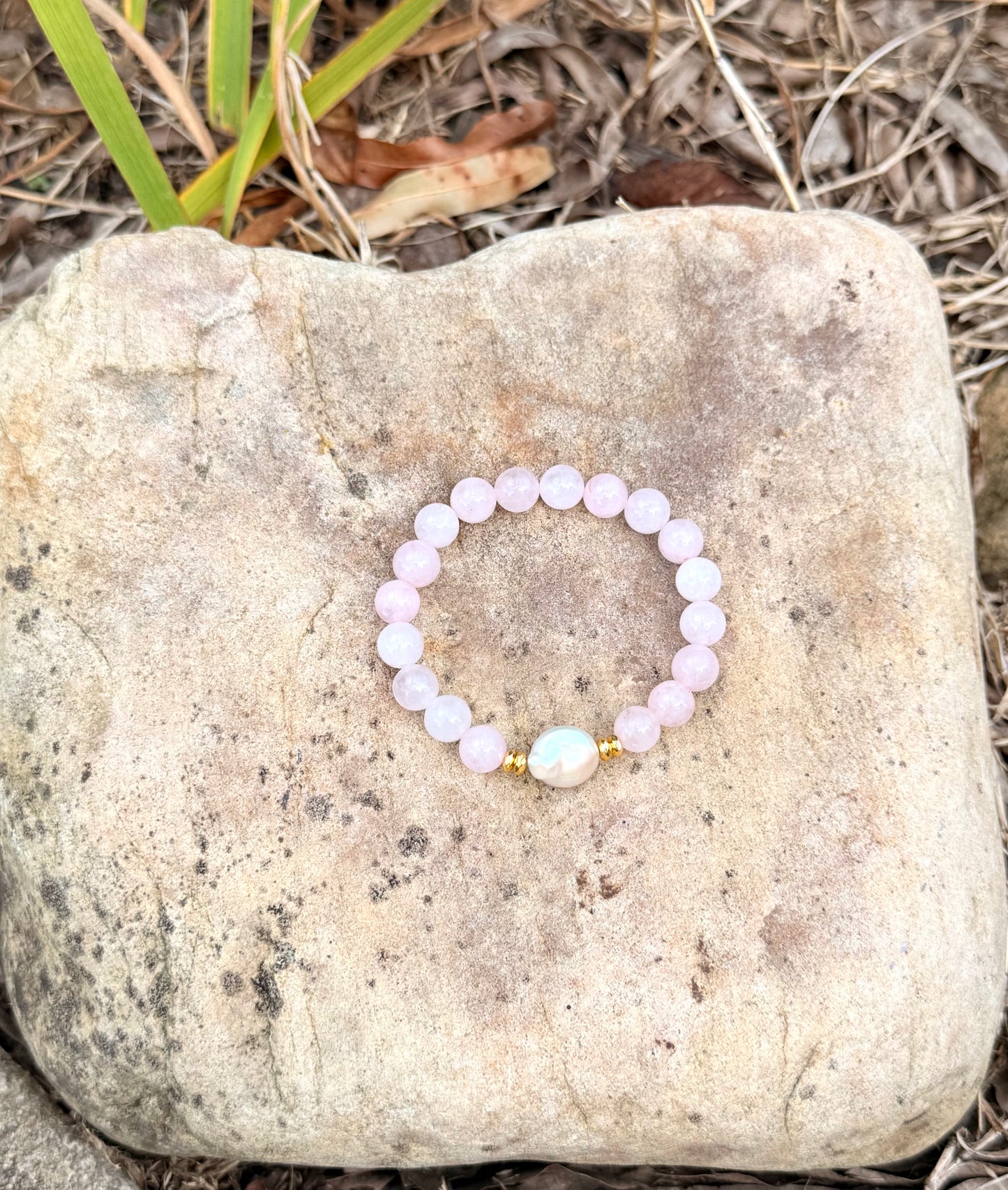 Rose Quartz - Small Round Freshwater Pearl Bracelet with Hematite Spacers