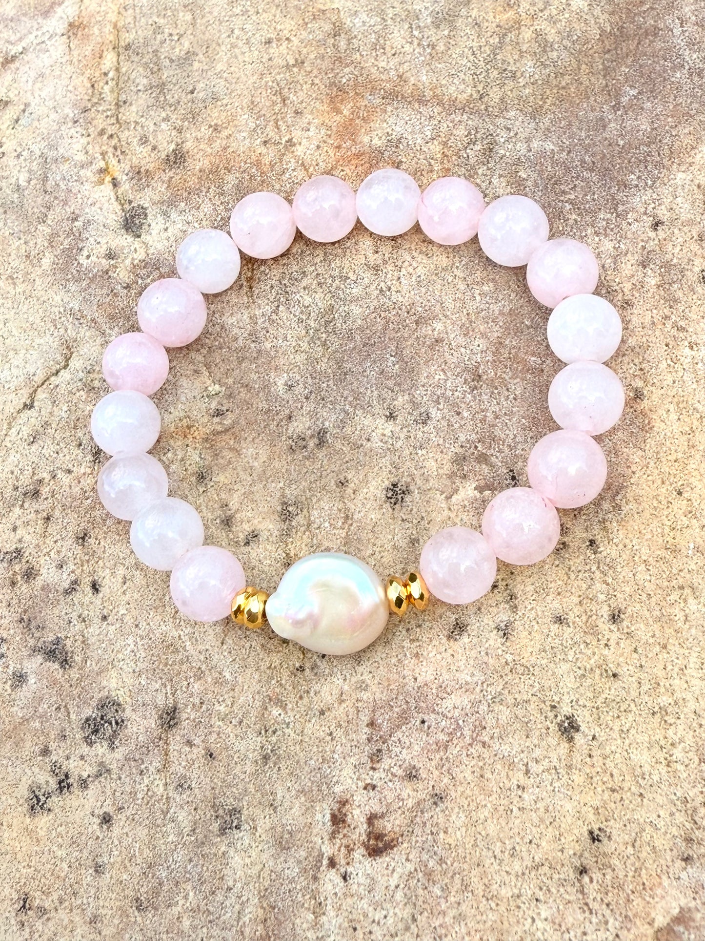 Rose Quartz - Small Round Freshwater Pearl Bracelet with Hematite Spacers